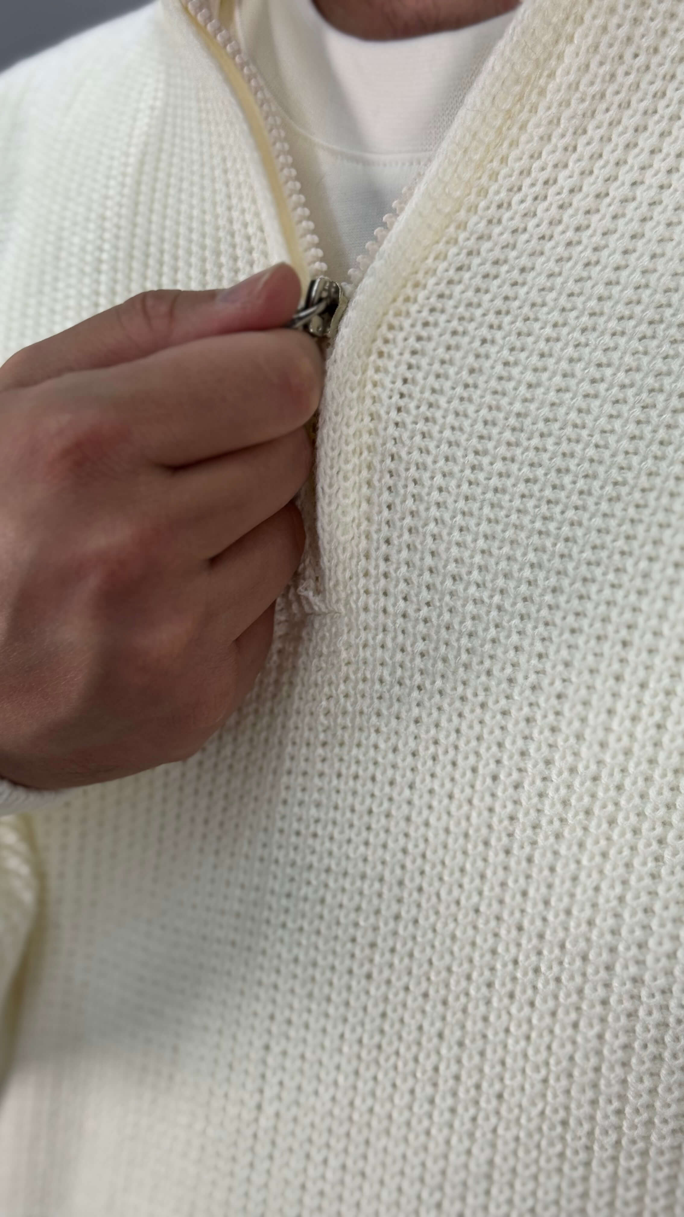 Fermuarlı Örme Oversize Kazak - Beyaz