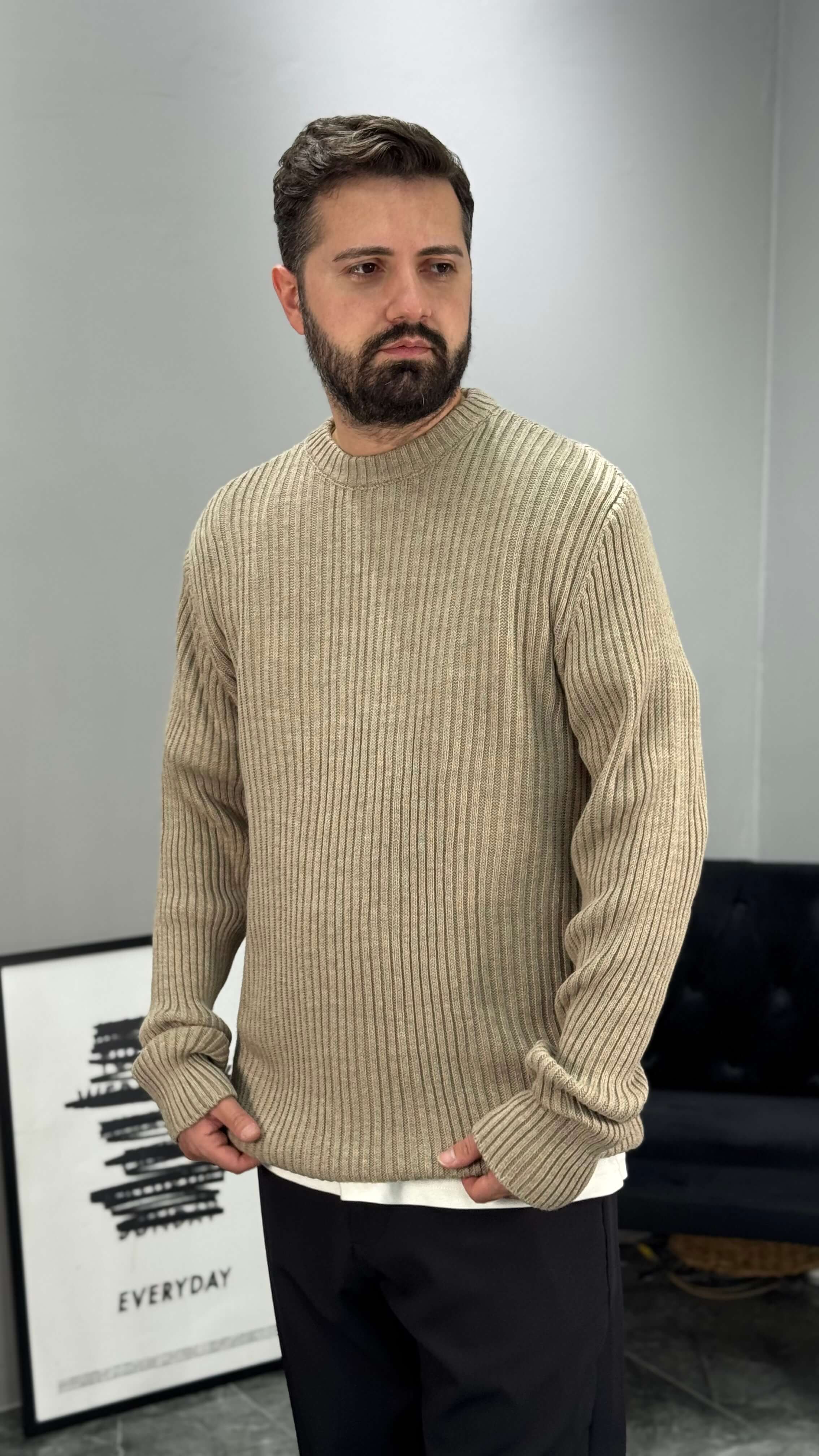 Regular Fit Çizgili Kazak - bej