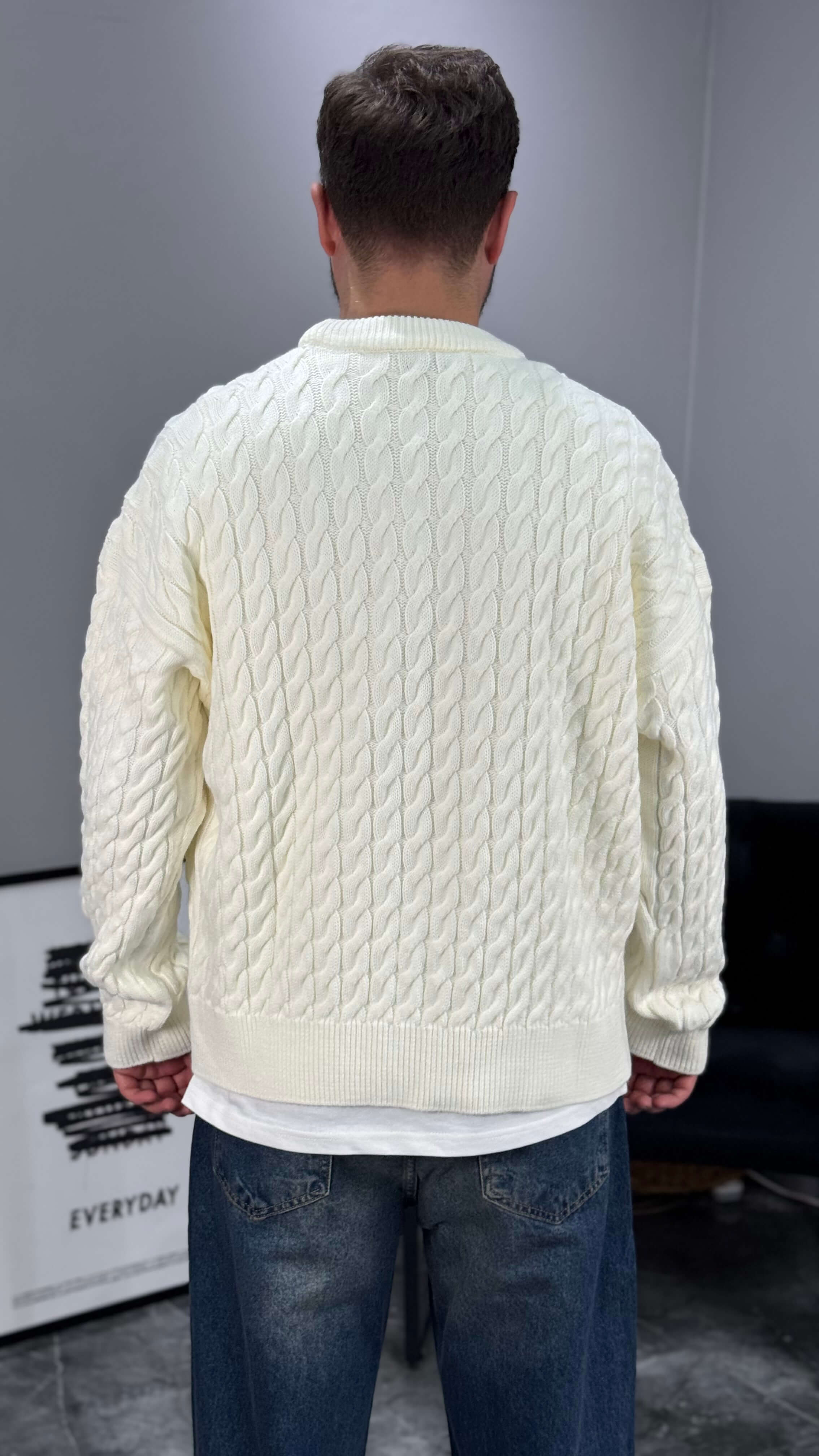 Zincir Desen Boxy Fit Oversize Erkek Kazak - Beyaz