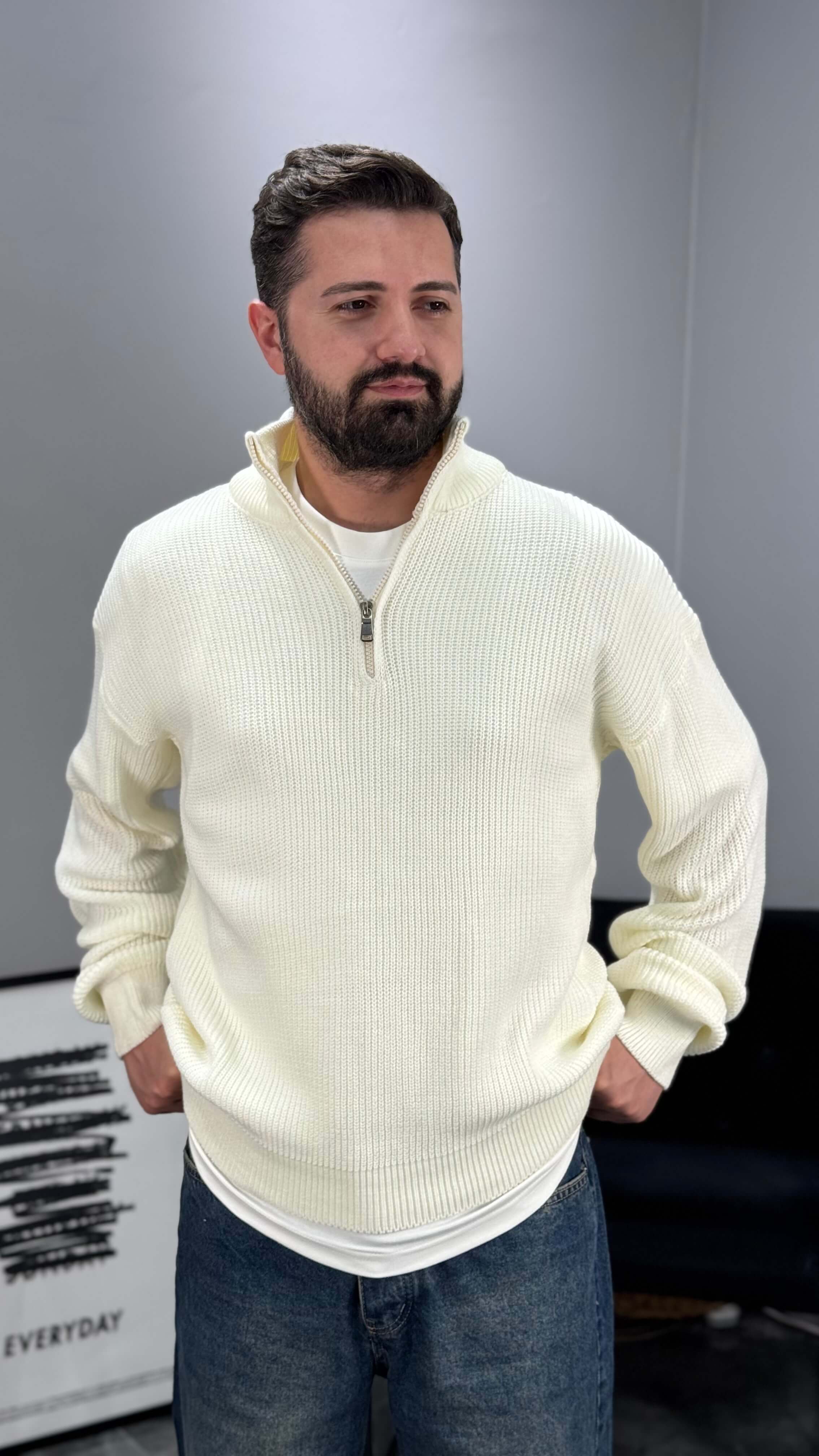 Fermuarlı Örme Oversize Kazak - Beyaz