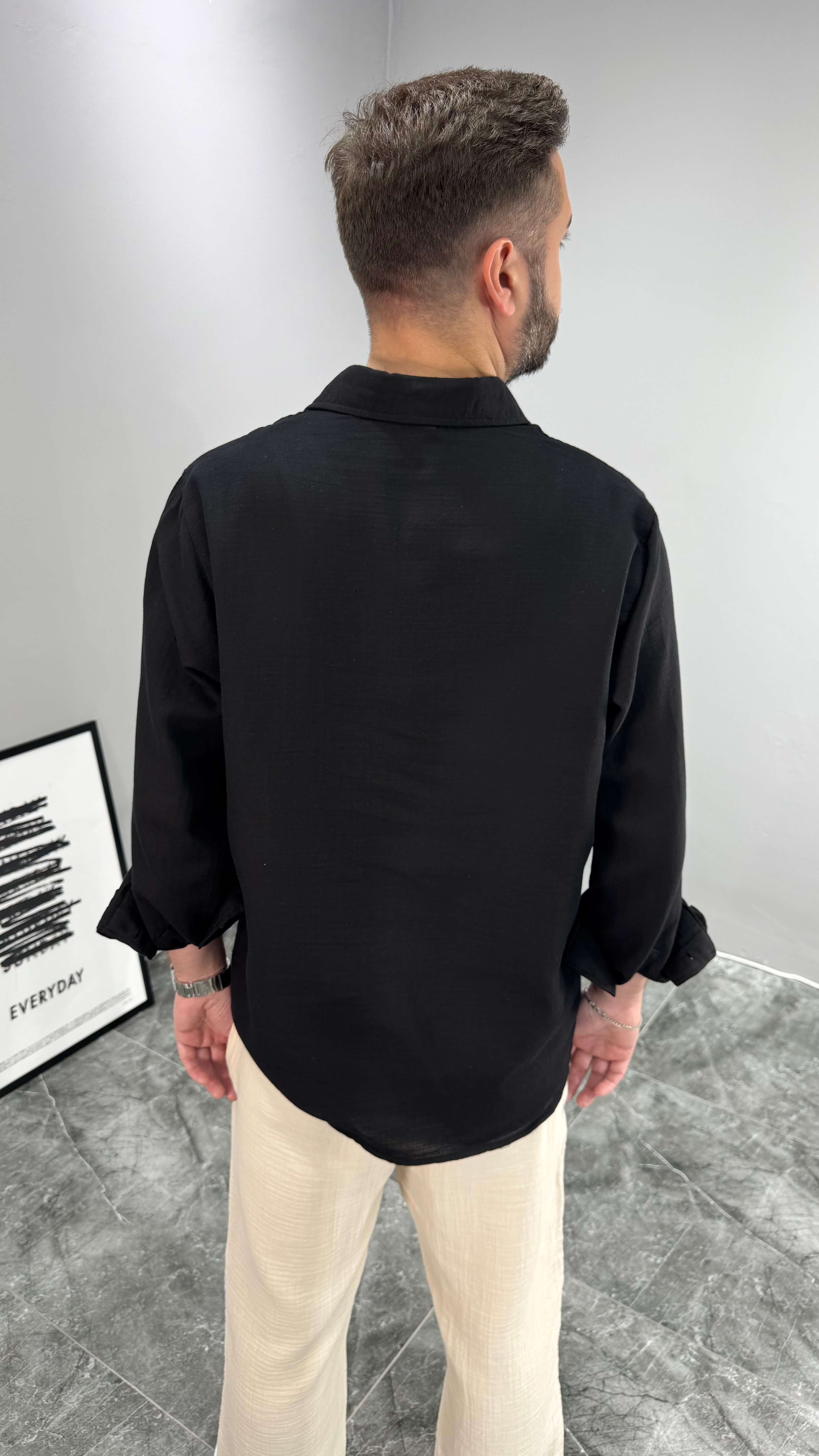 Müslin Kumaş Oversize Kalıp Erkek Gömlek - Siyah