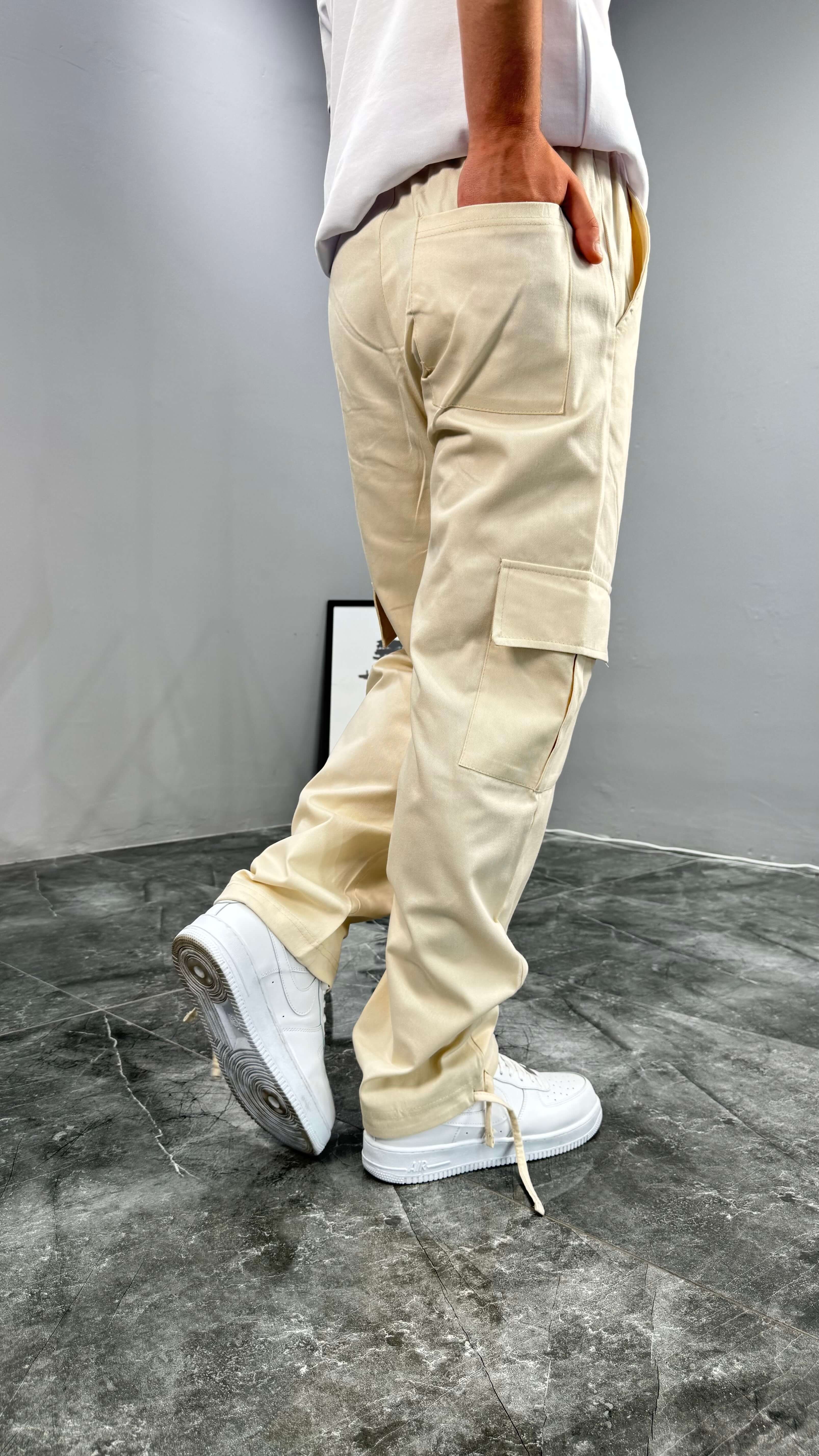 Yazlık Gabardin Kumaş Baggy Kargo Erkek Pantolon - Krem