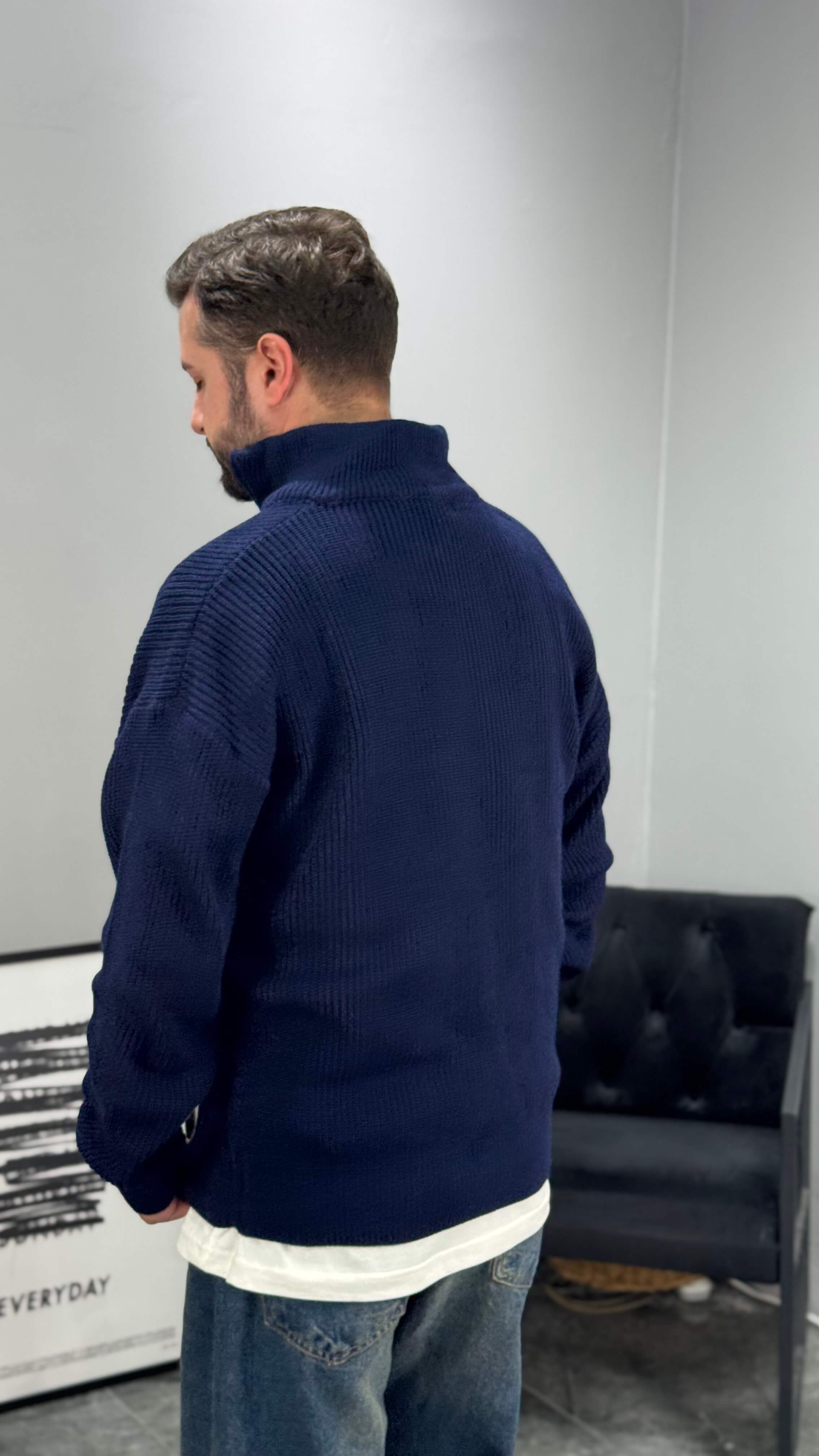Fermuarlı Örme Oversize Kazak - Lacivert