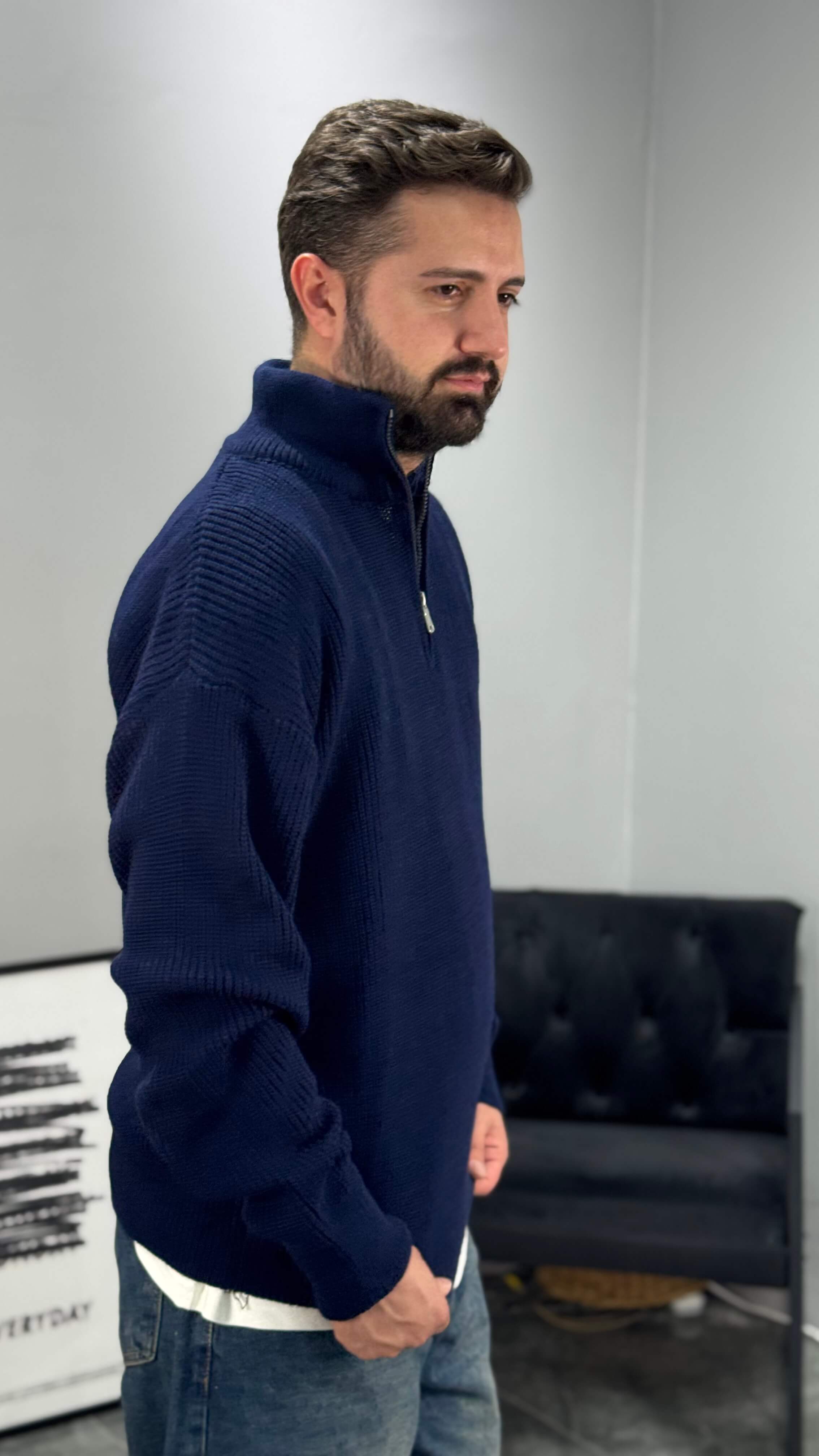 Fermuarlı Örme Oversize Kazak - Lacivert