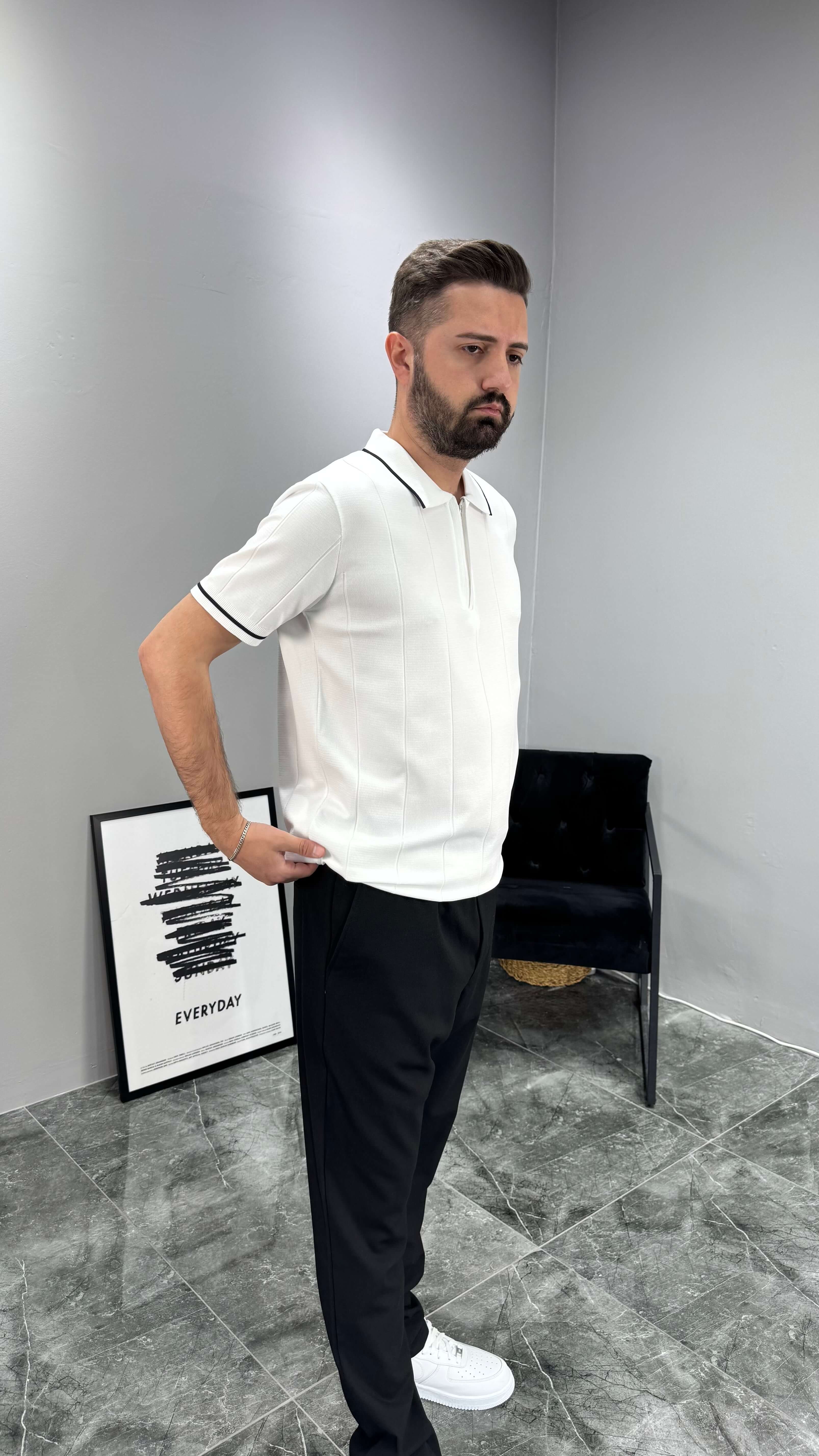 Şeritli Premium Erkek Tişört - Beyaz