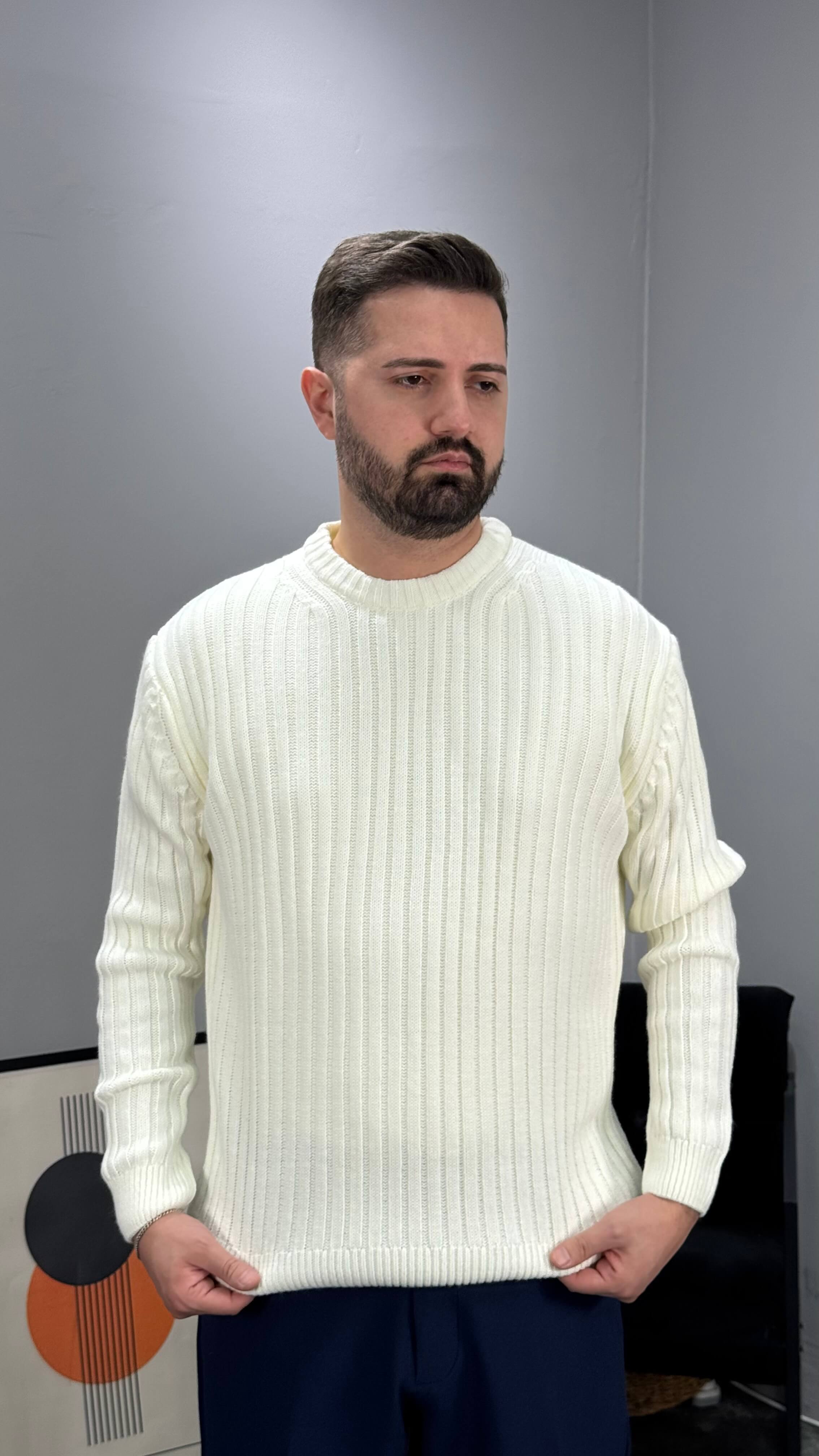 Oslin Premium Gramajlı Erkek Kazak - Beyaz