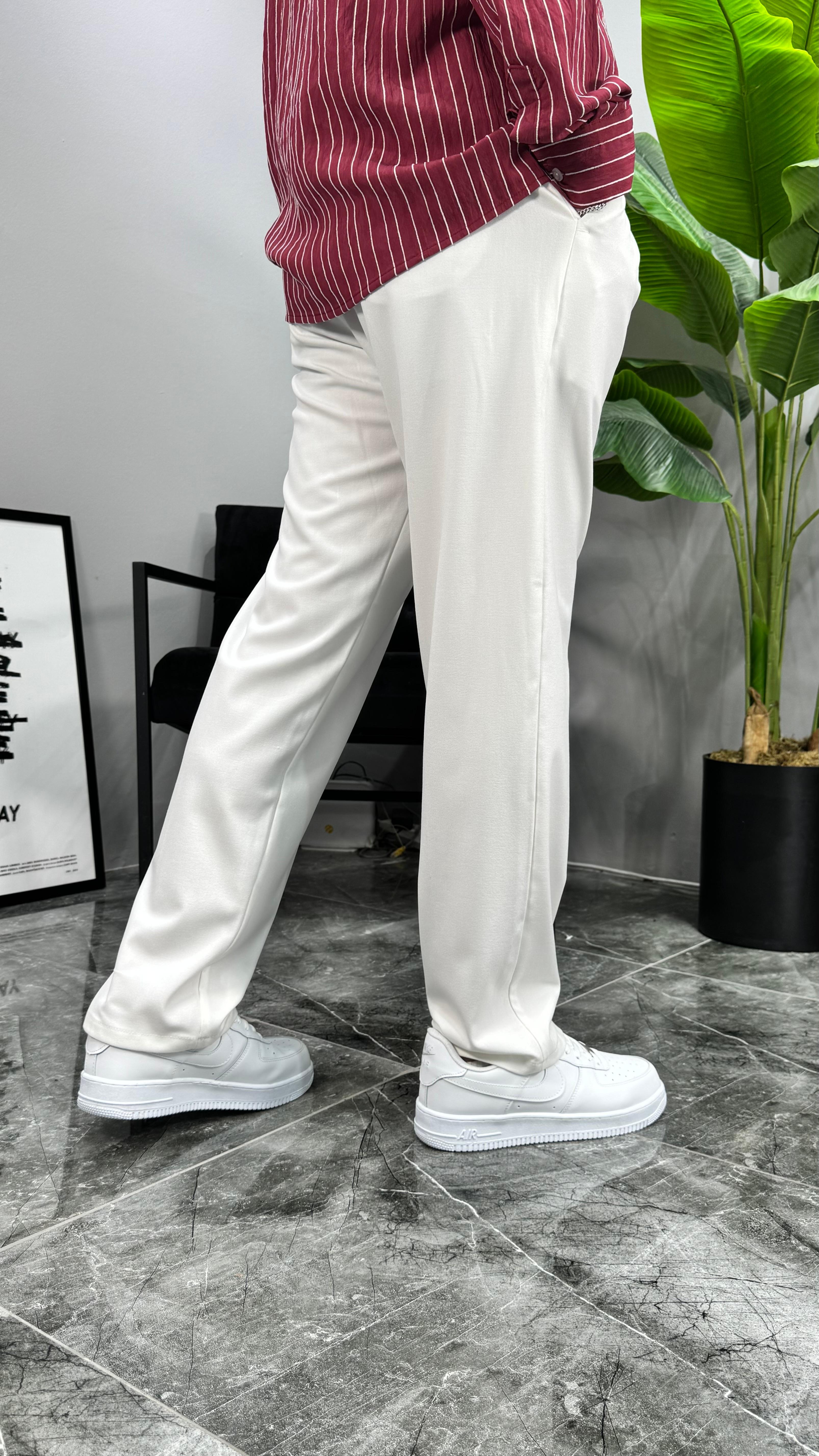 Premium Kemerli Baggy Erkek Pantolon - Beyaz