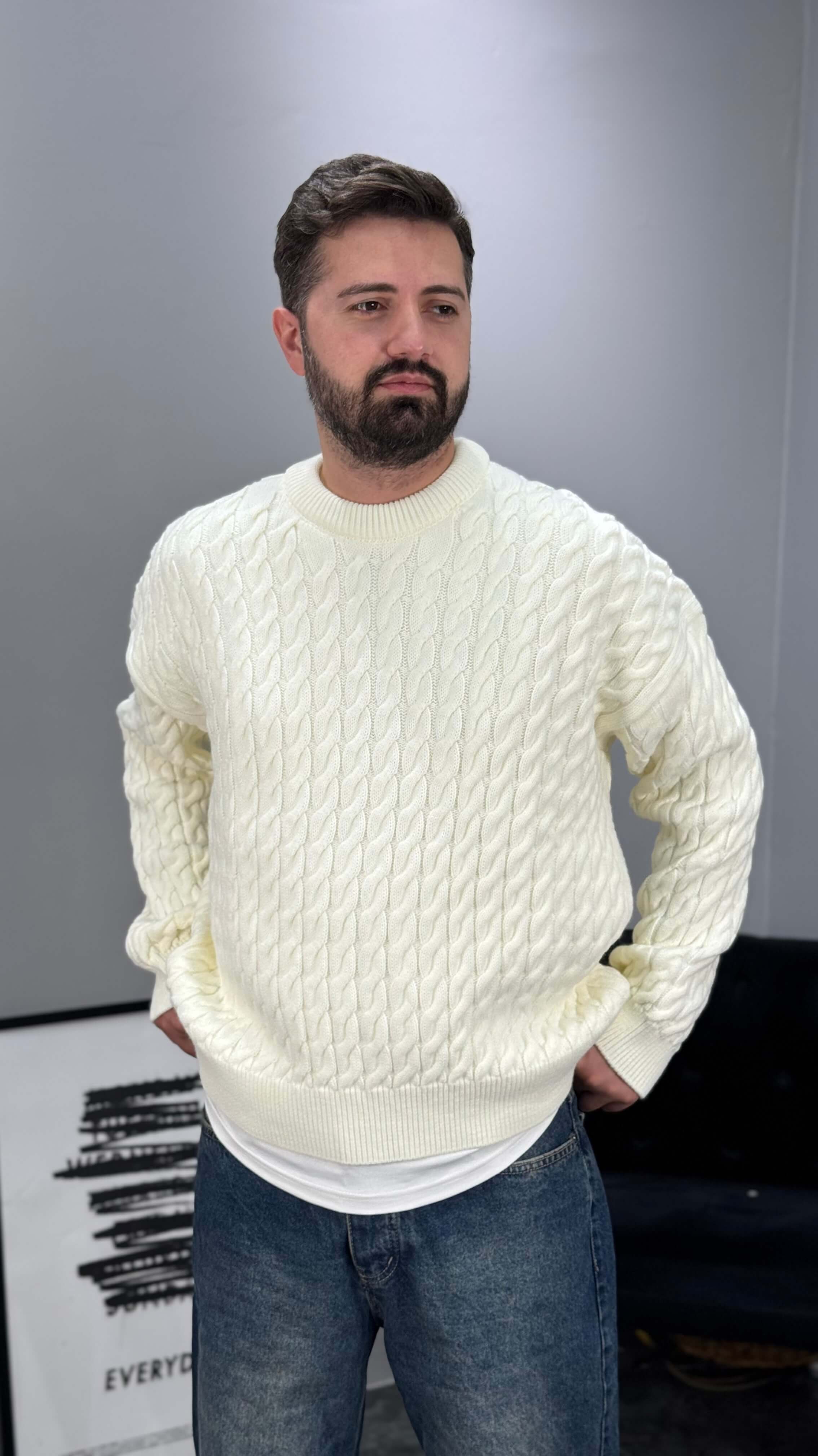 Zincir Desen Boxy Fit Oversize Erkek Kazak - Beyaz