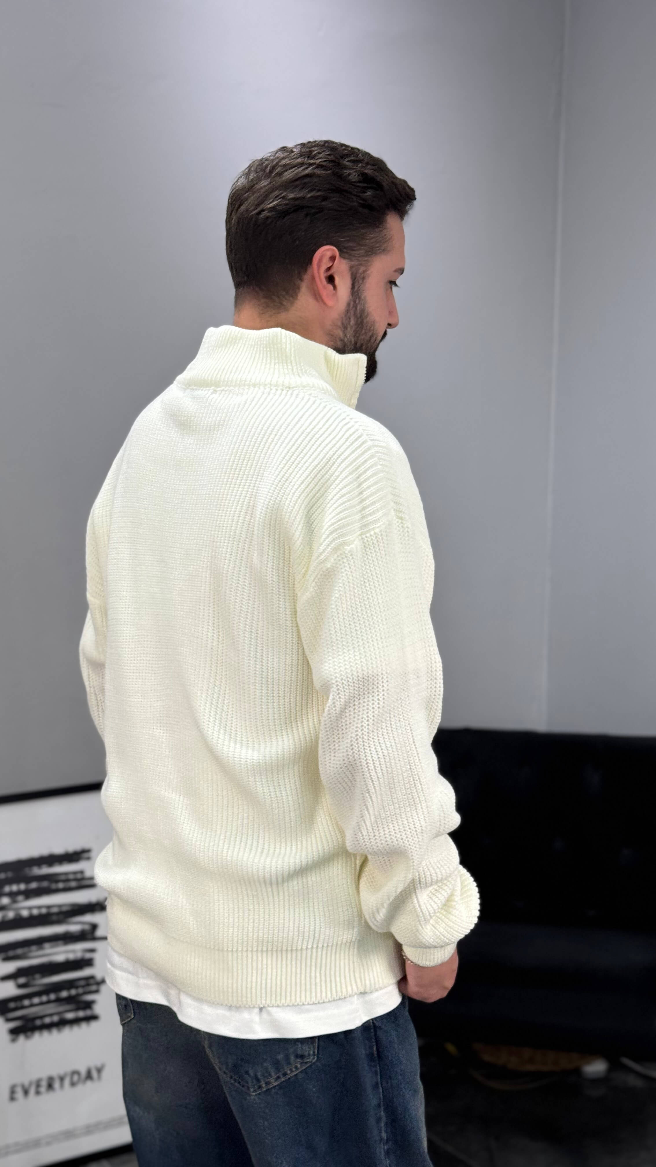 Fermuarlı Örme Oversize Kazak - Beyaz