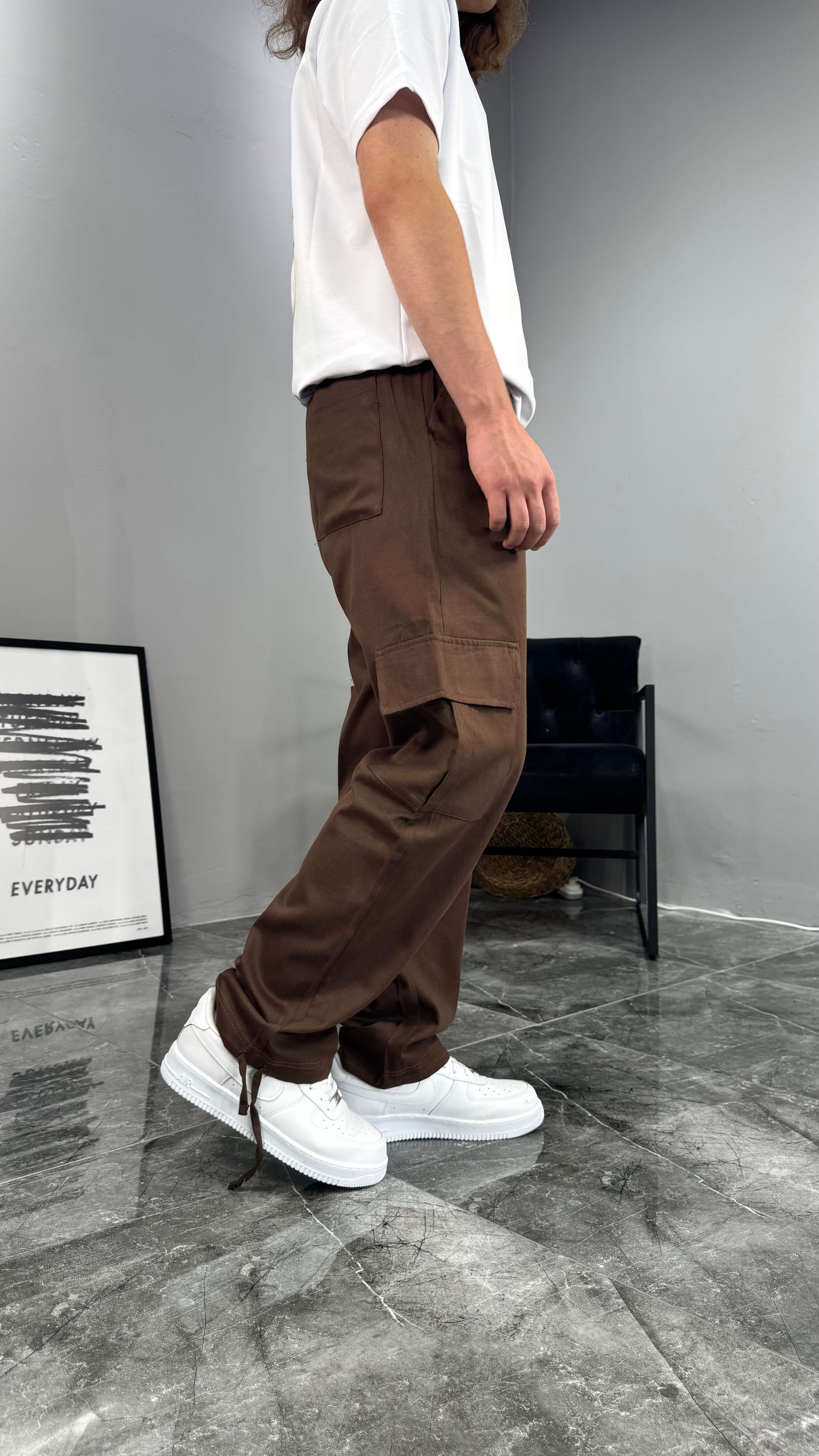 Yazlık Gabardin Kumaş Baggy Kargo Erkek Pantolon - Kahve