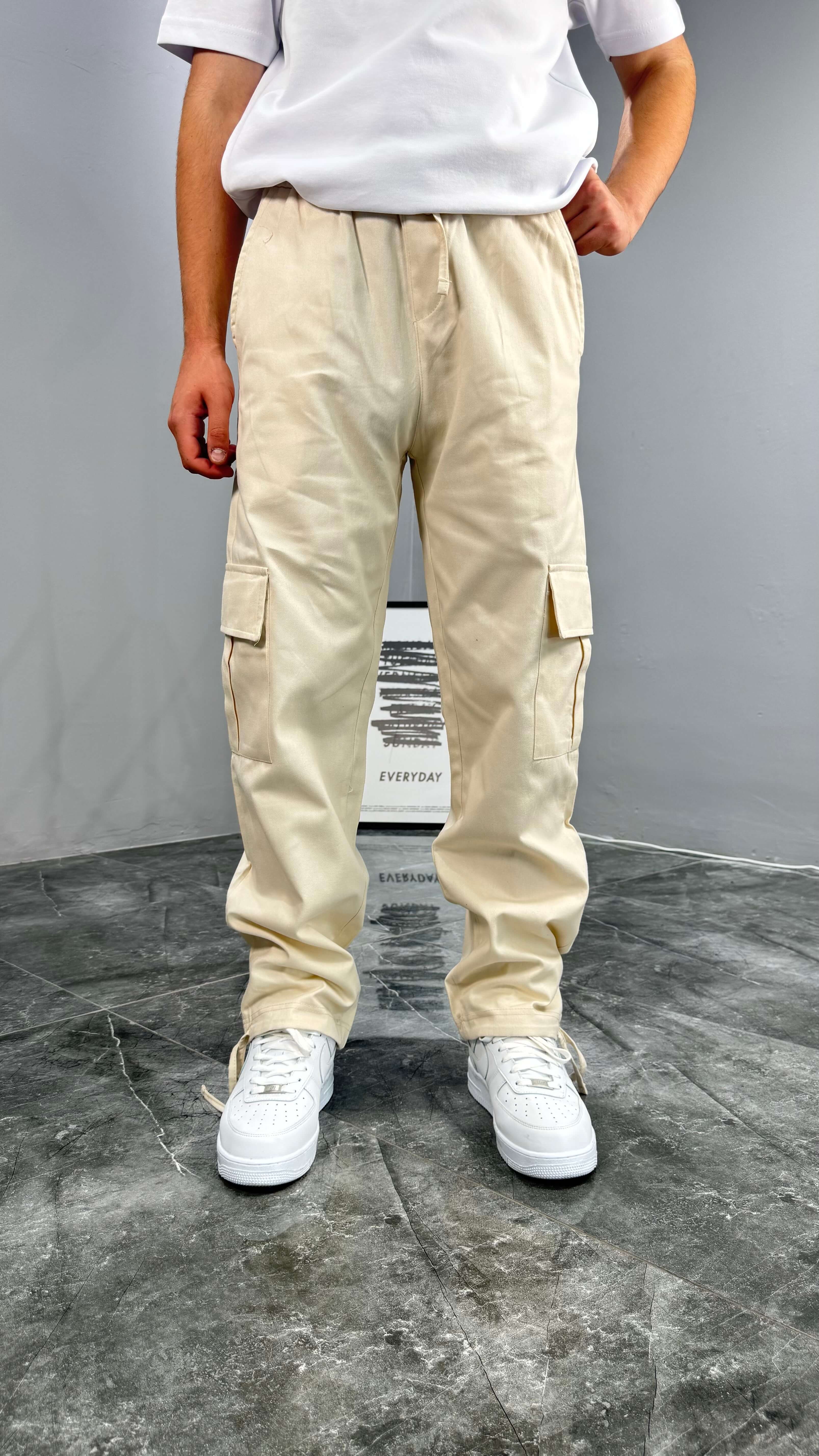 Yazlık Gabardin Kumaş Baggy Kargo Erkek Pantolon - Krem