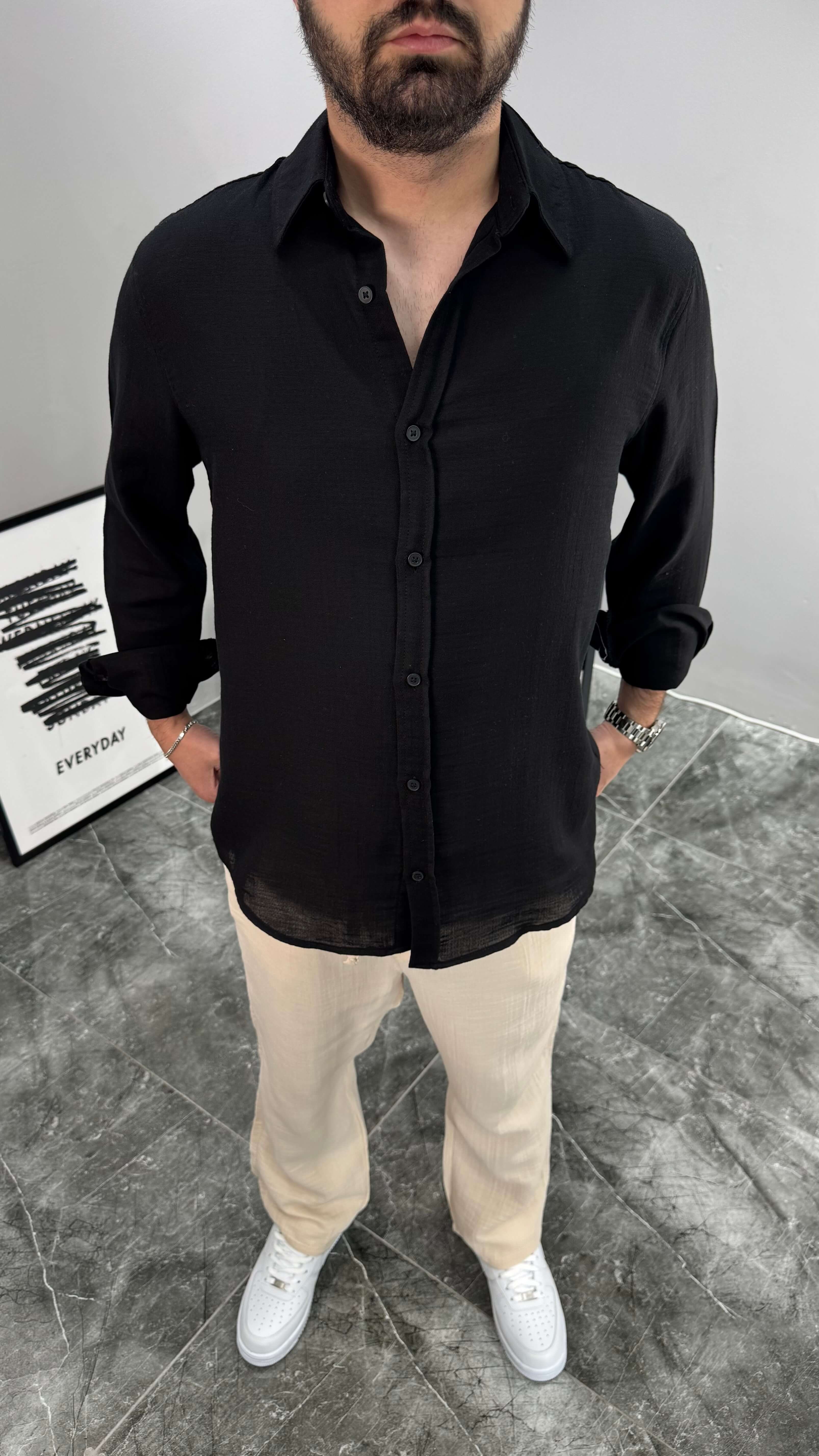 Müslin Kumaş Oversize Kalıp Erkek Gömlek - Siyah