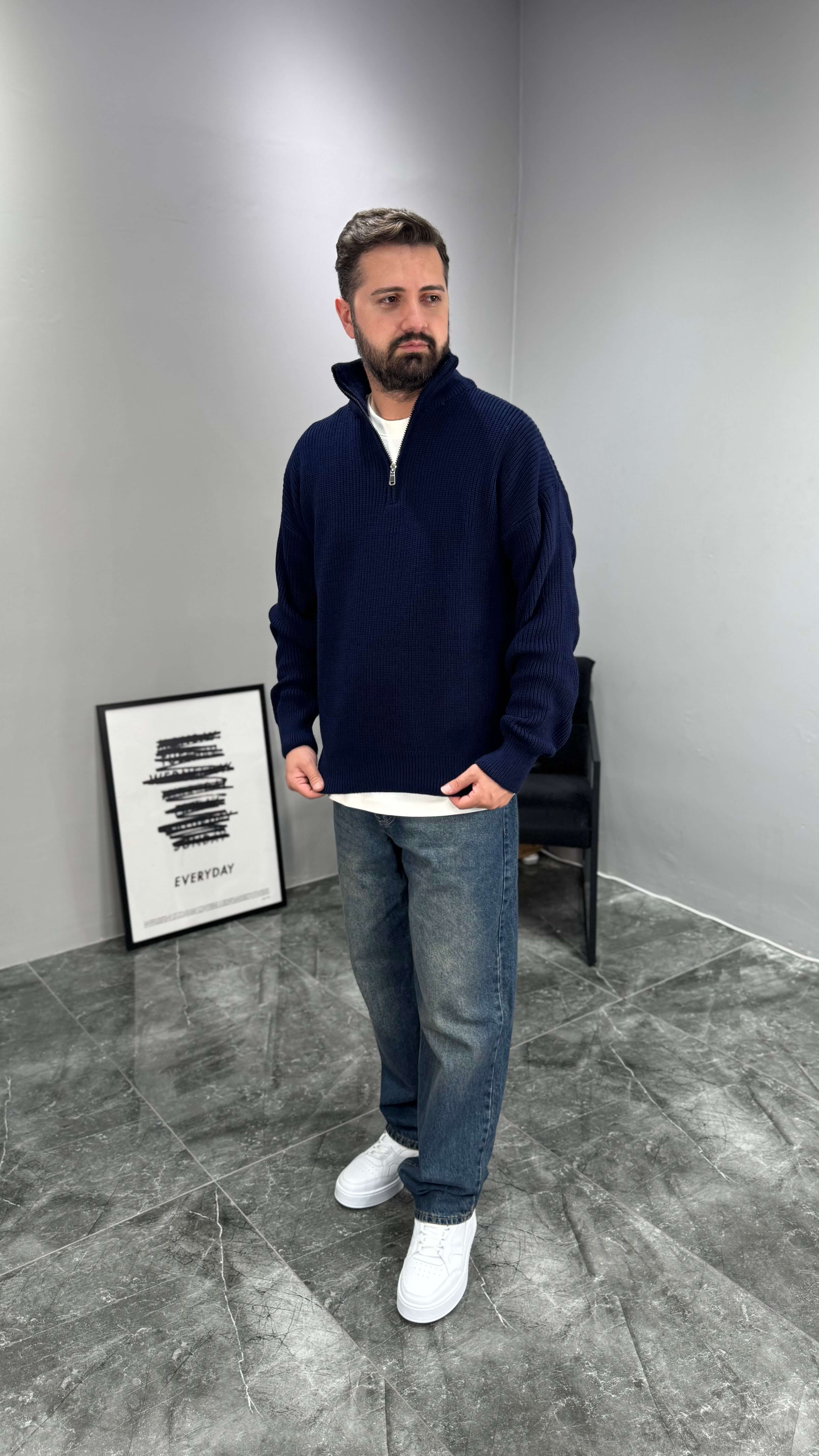Fermuarlı Örme Oversize Kazak - Lacivert