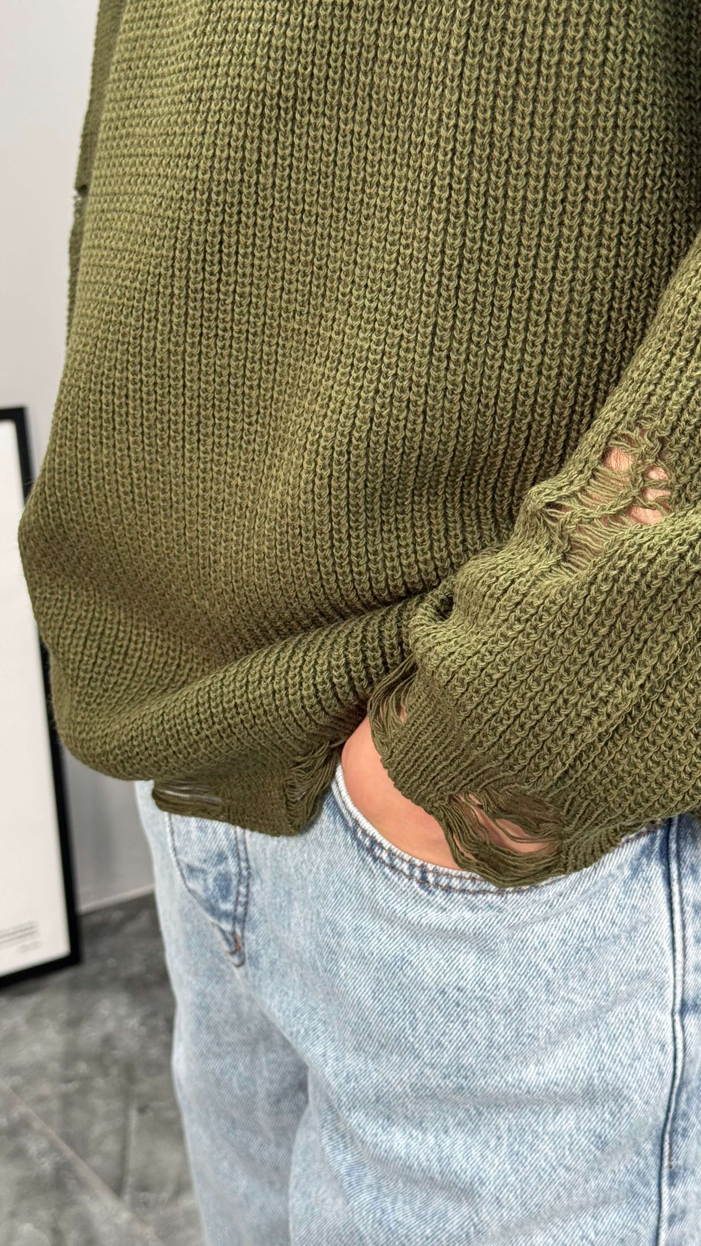 Yırtık Detay Oversize Örme Kazak - Haki