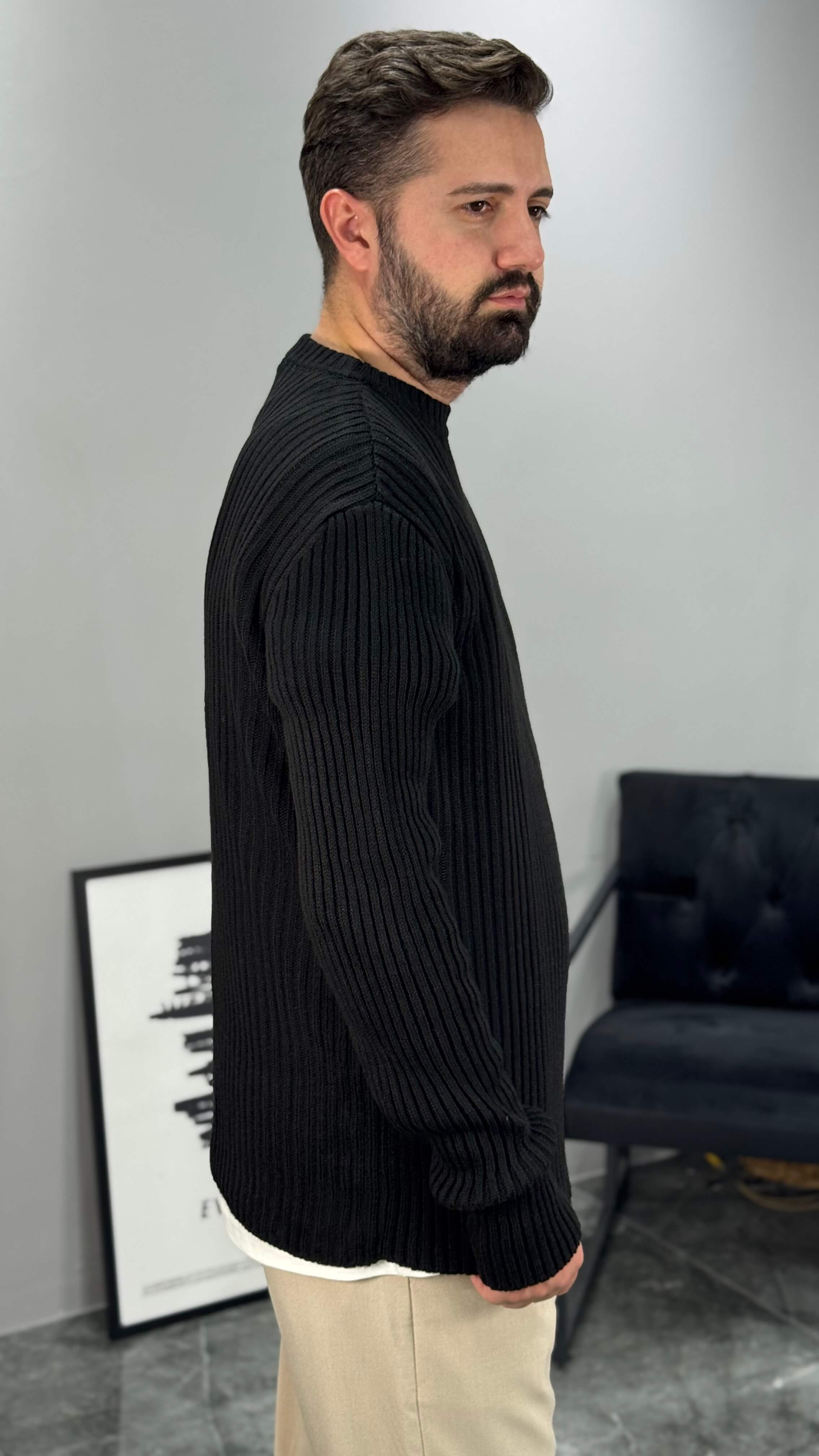 Regular Fit Çizgili Kazak - Siyah