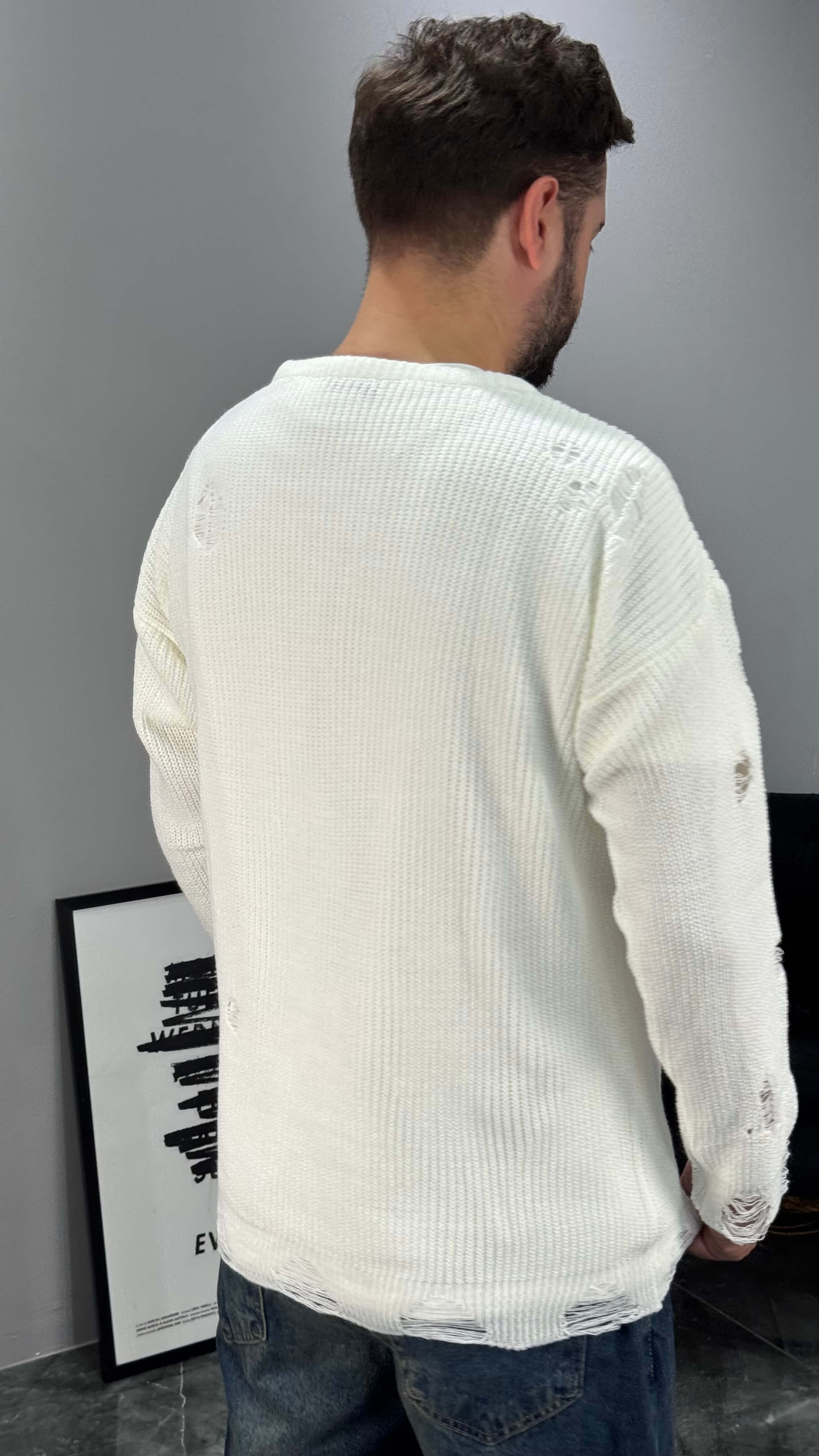 Yırtık Detay Oversize Örme Kazak - Beyaz