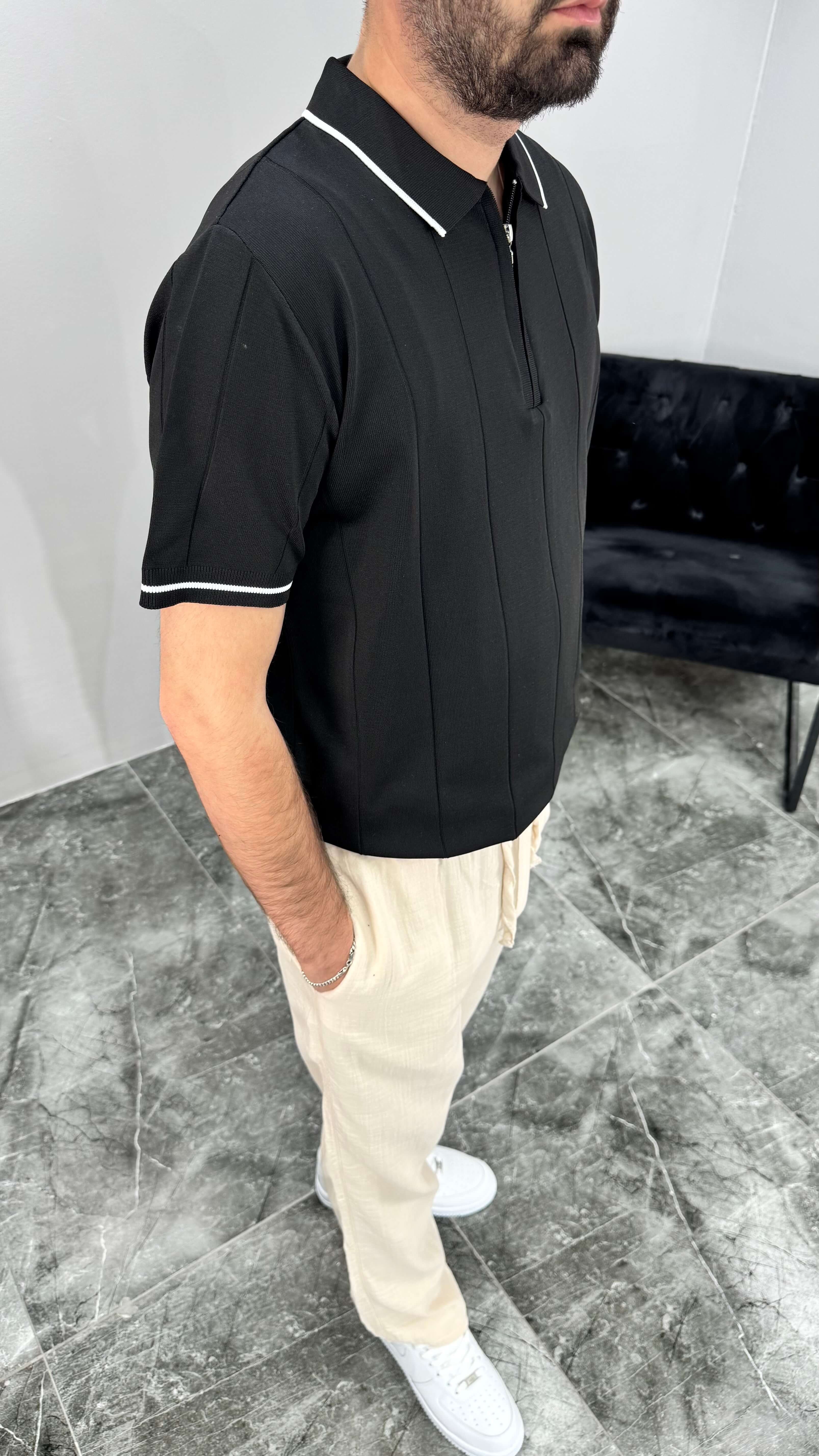 Şeritli Premium Erkek Tişört - Siyah