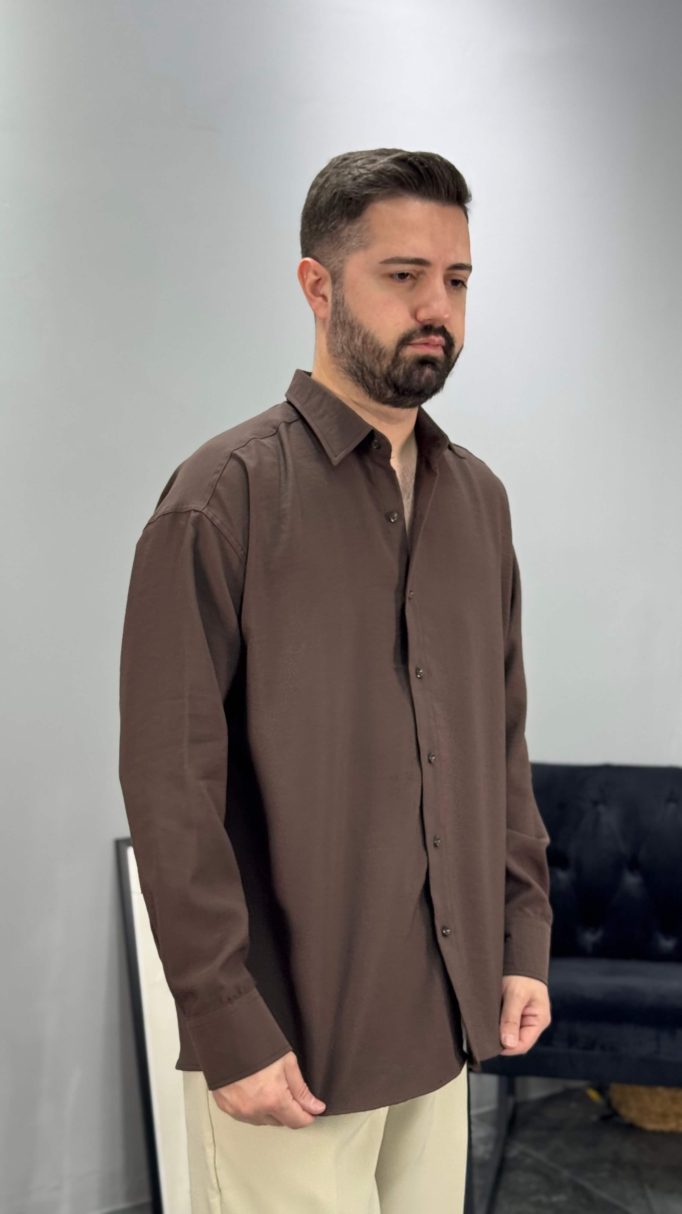 Premium Kışlık Modal Oversize Erkek Gömlek - Kahve