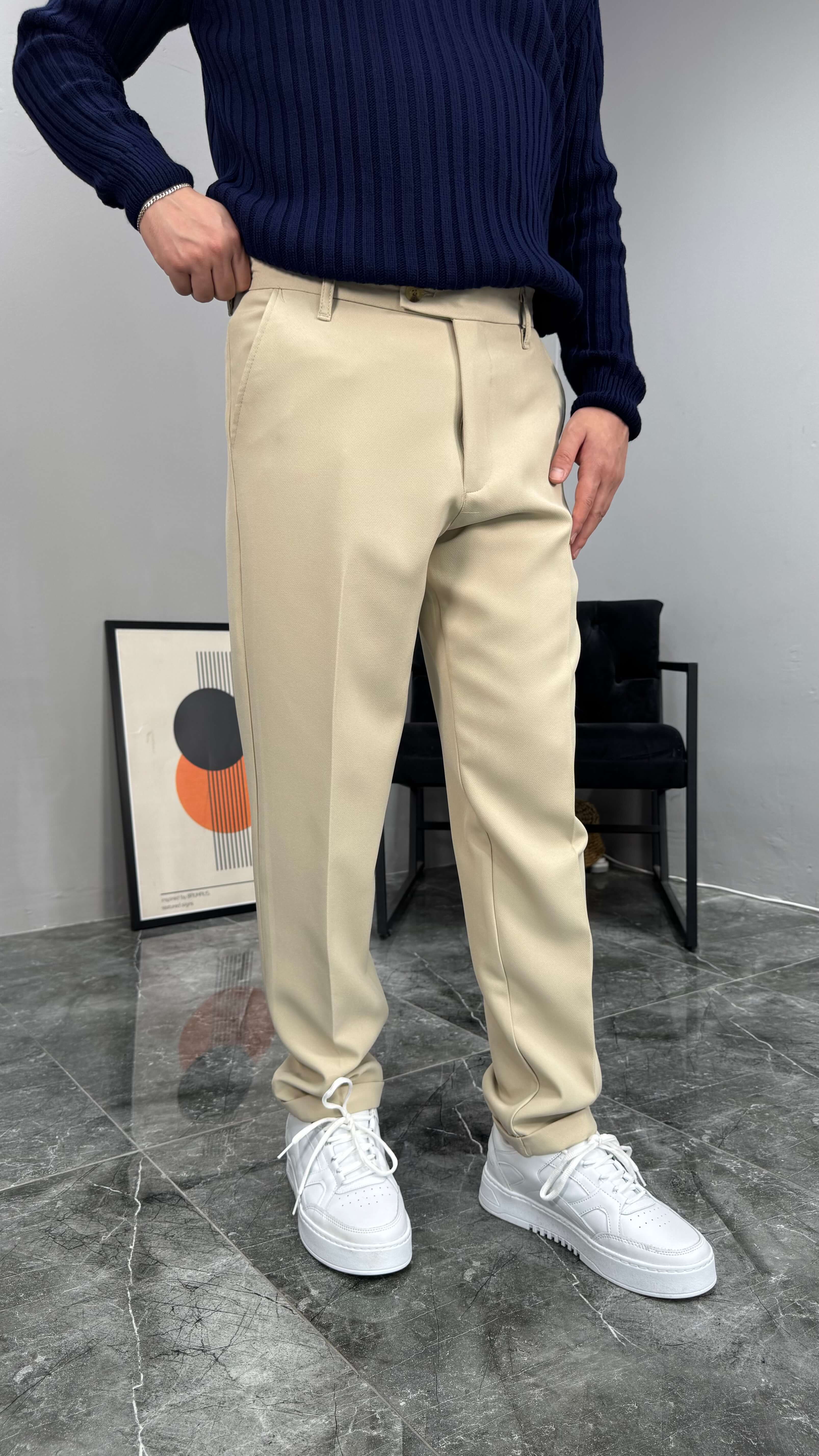 Kalın Kumaş Premium Regular Fit Pantolon - Krem