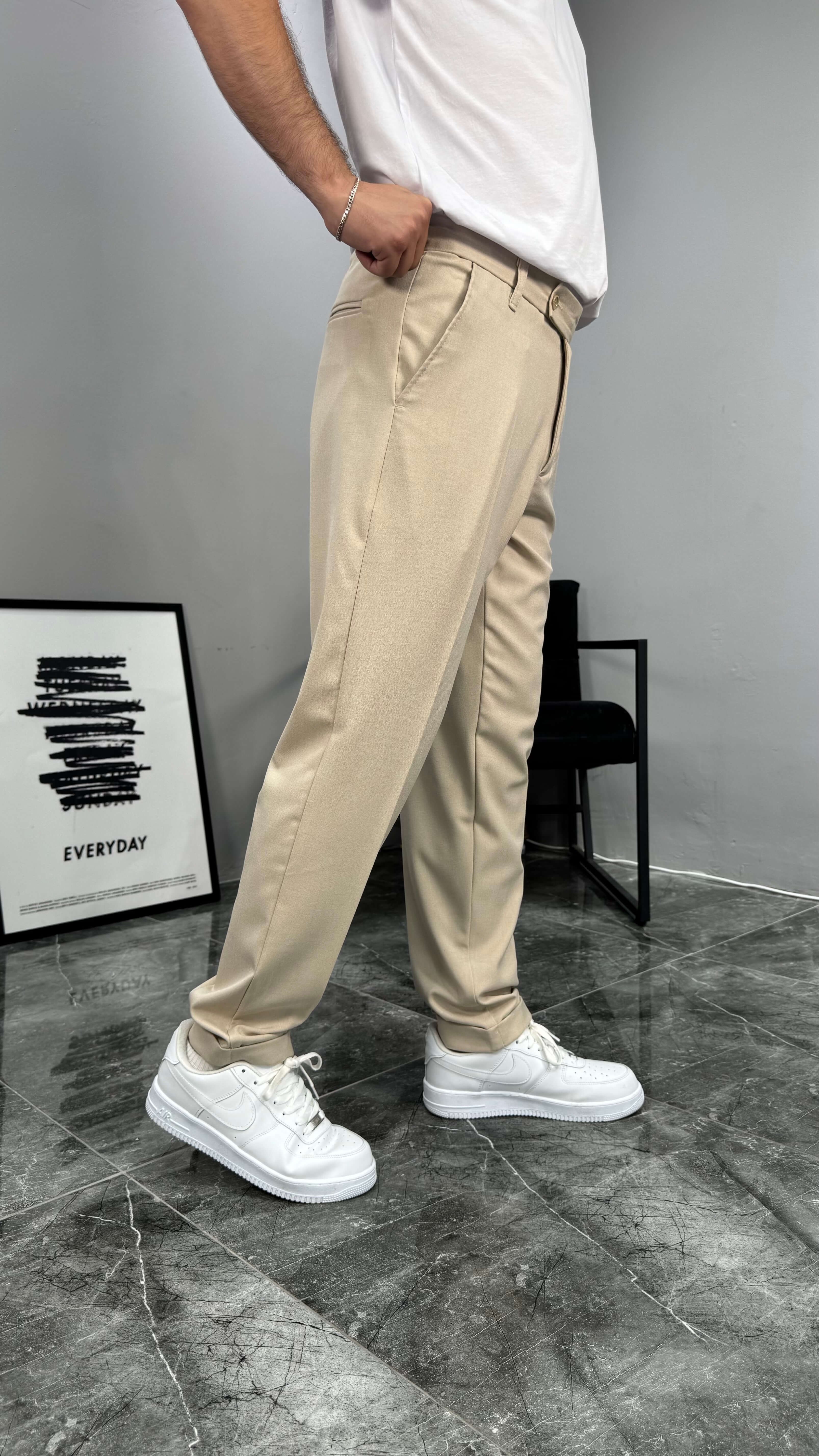 Regular Kalıp Duble Paça Erkek Pantolon - Krem