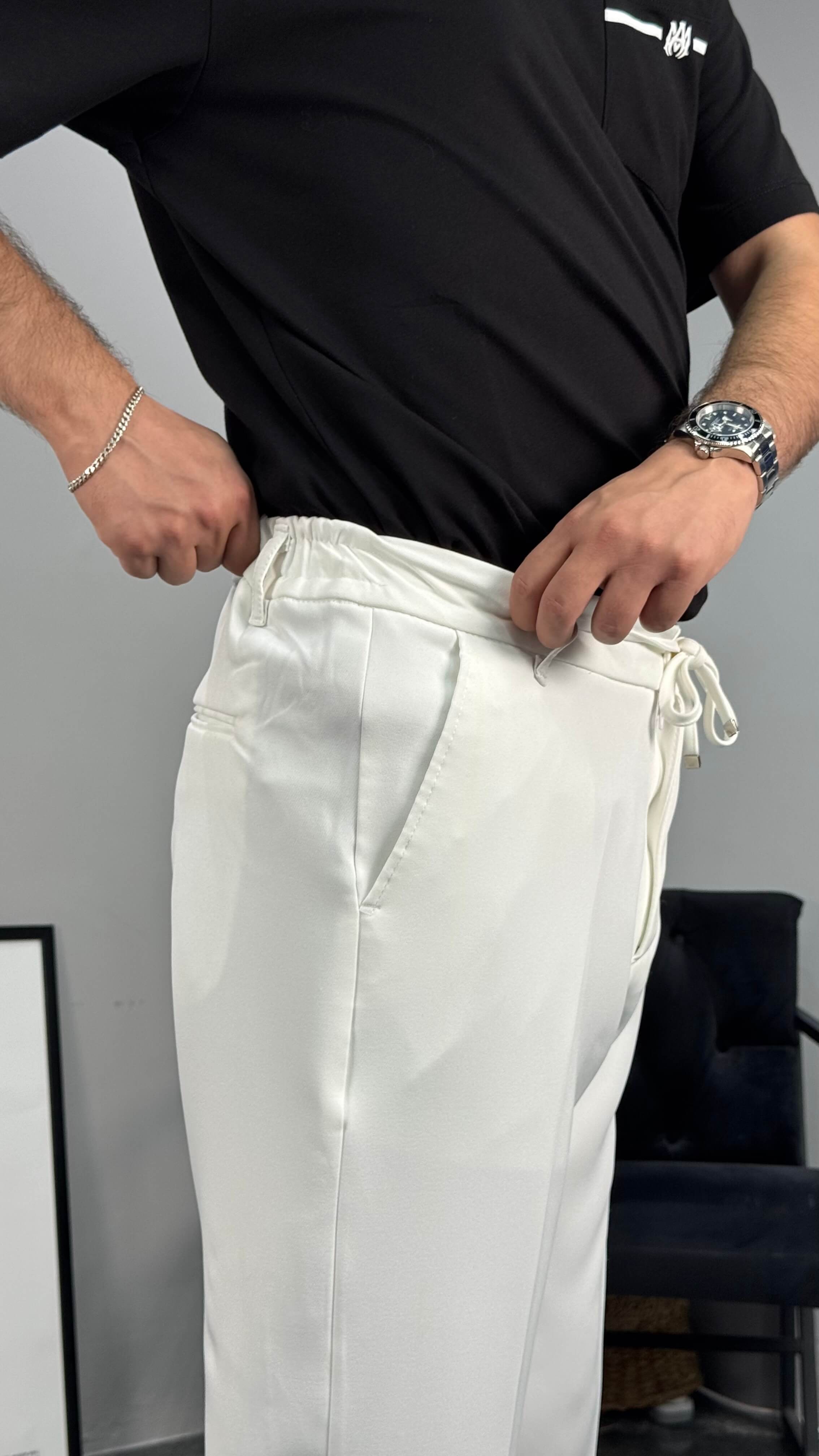 Regular İpli Premium Kumaş Pantolon - Beyaz