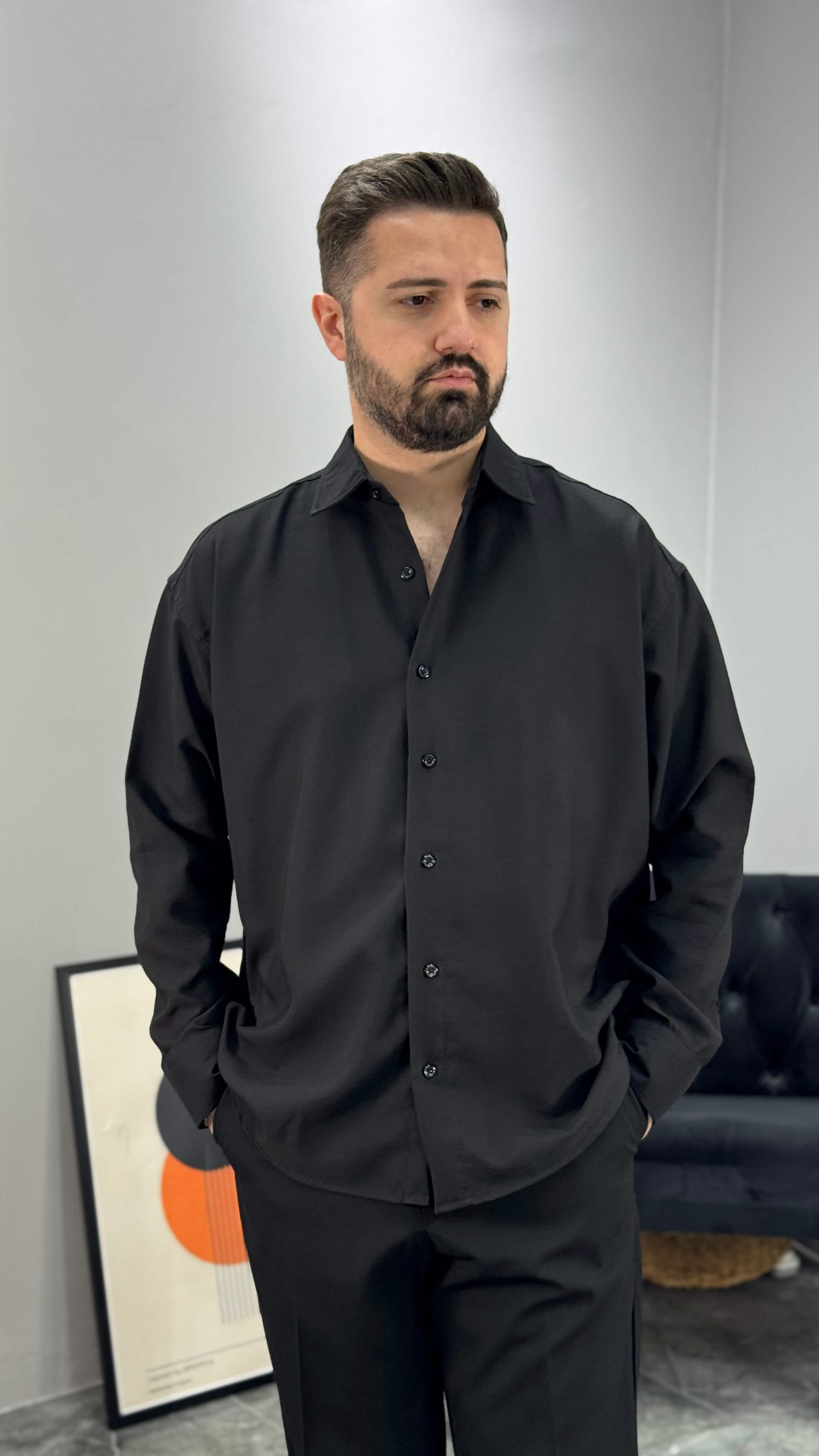 Premium Kışlık Modal Oversize Erkek Gömlek - Siyah