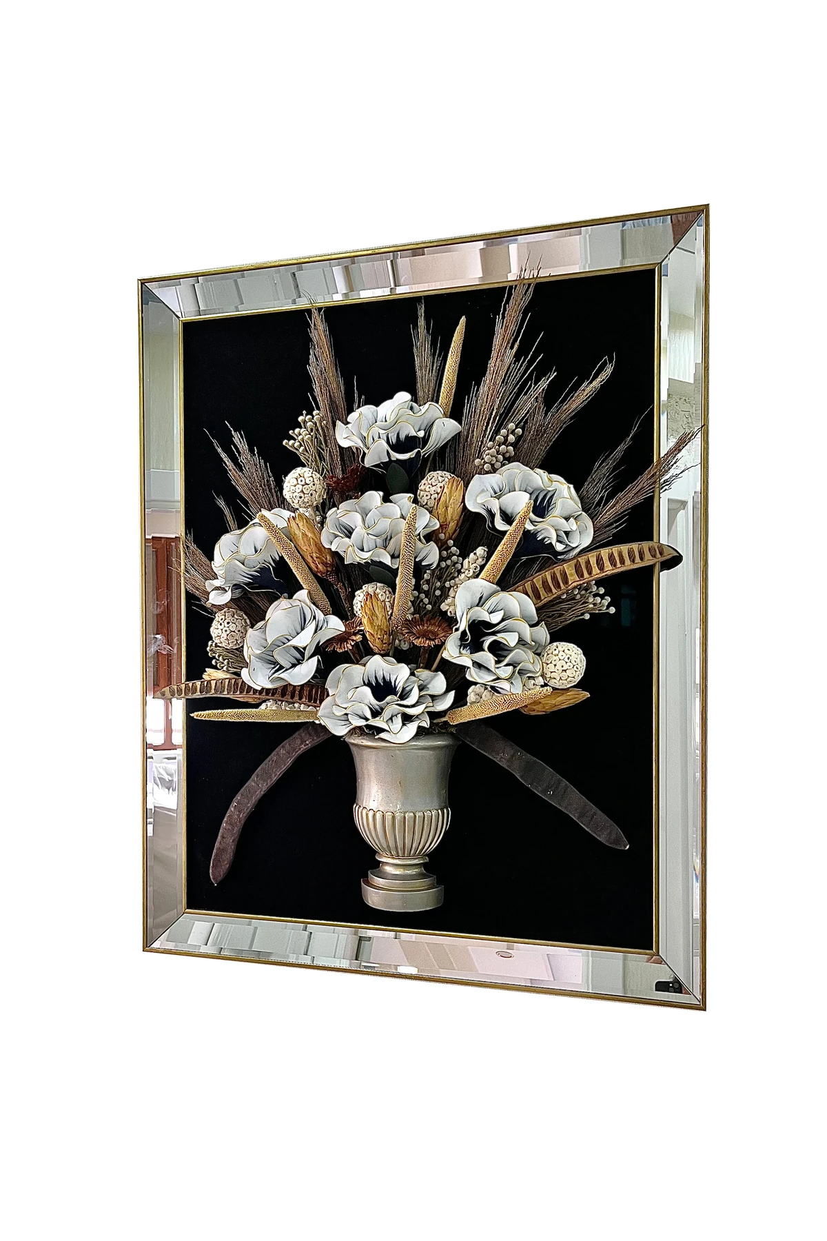 Çiçekli 3D Tablo - Gümüş Vazolu