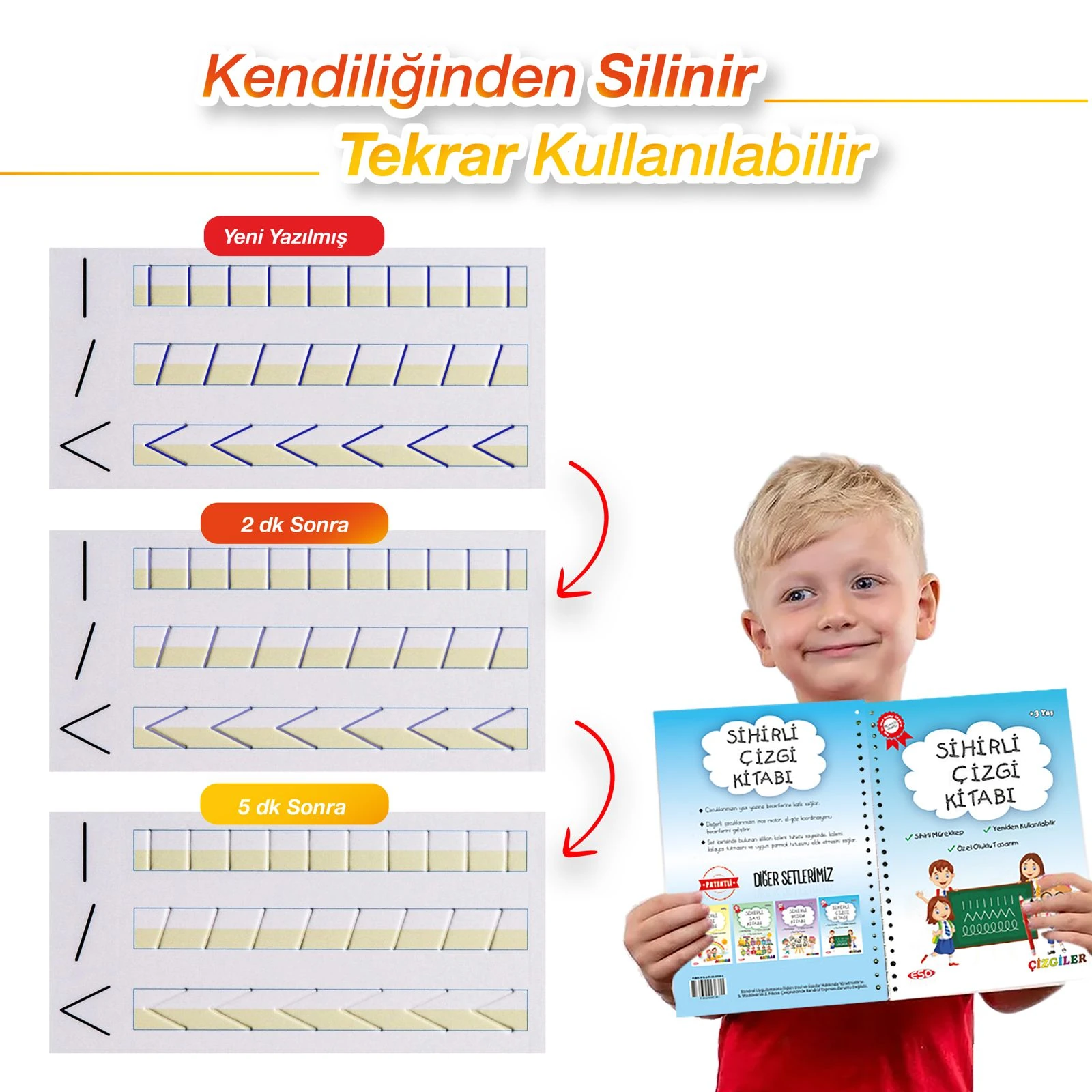 Eso Yazmayı Çizmeyi Sevdiren 4'lü Sihirli Alıştırma Kitabı - Oluklu(kabartmalı) Sihirli Uçan Kalemli