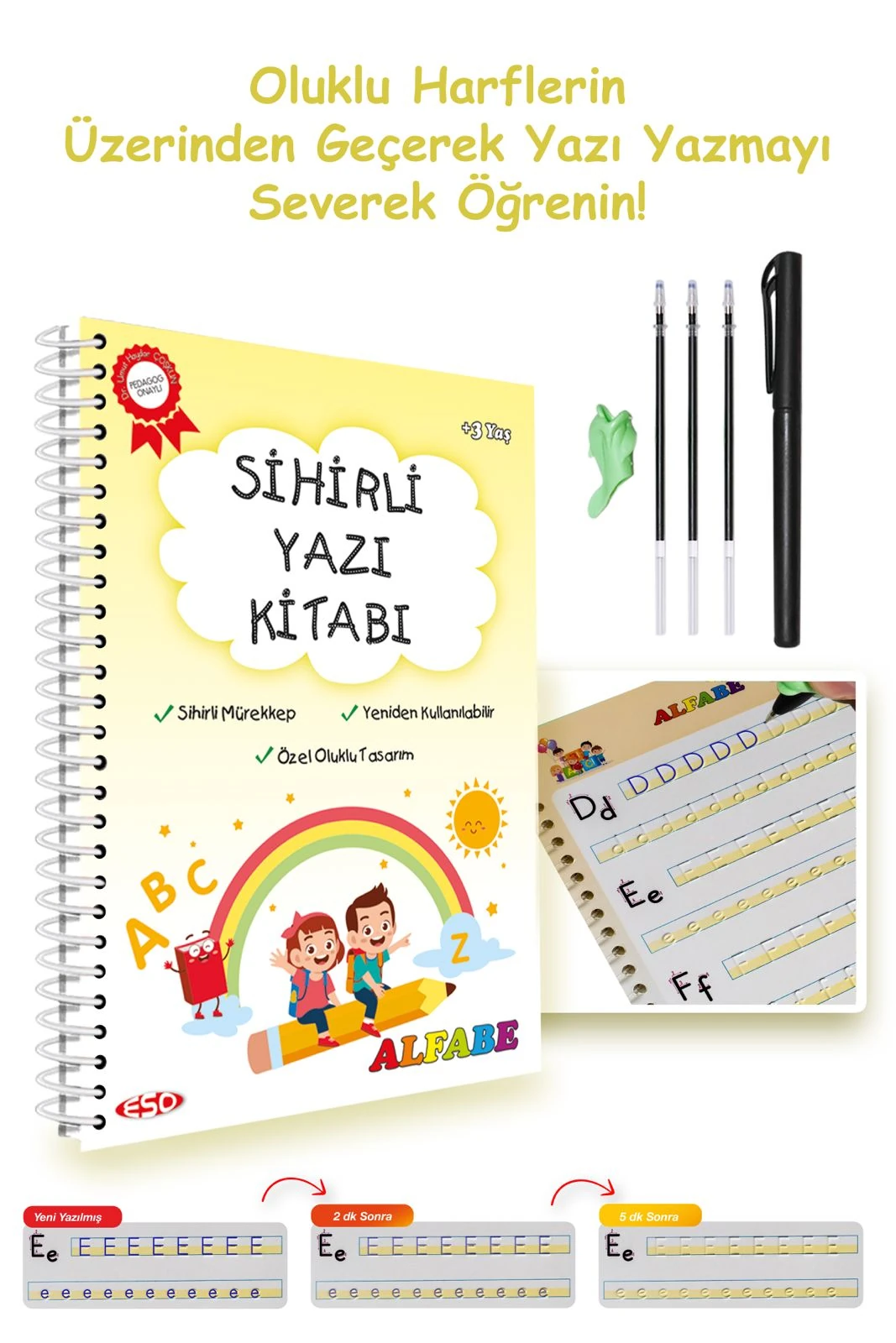 Eso Sihirli Yazı Alıştırma Kitabı -  Oluklu Sihirli Kalemli Eğitici Aktivite Kitabı (3-7 yaş)