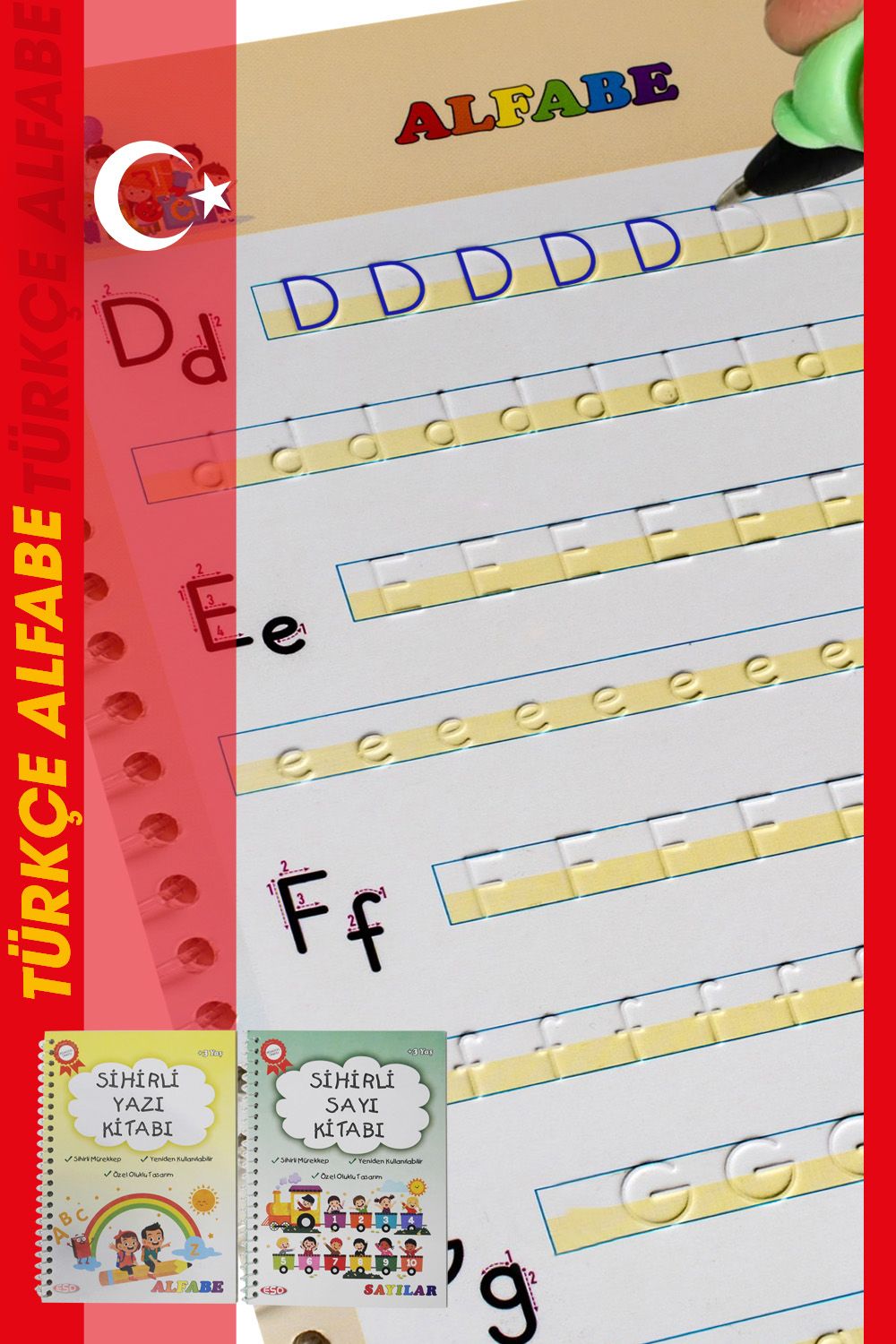 Eso Yazmayı Çizmeyi Sevdiren 4'lü Sihirli Alıştırma Kitabı - Oluklu(kabartmalı) Sihirli Uçan Kalemli