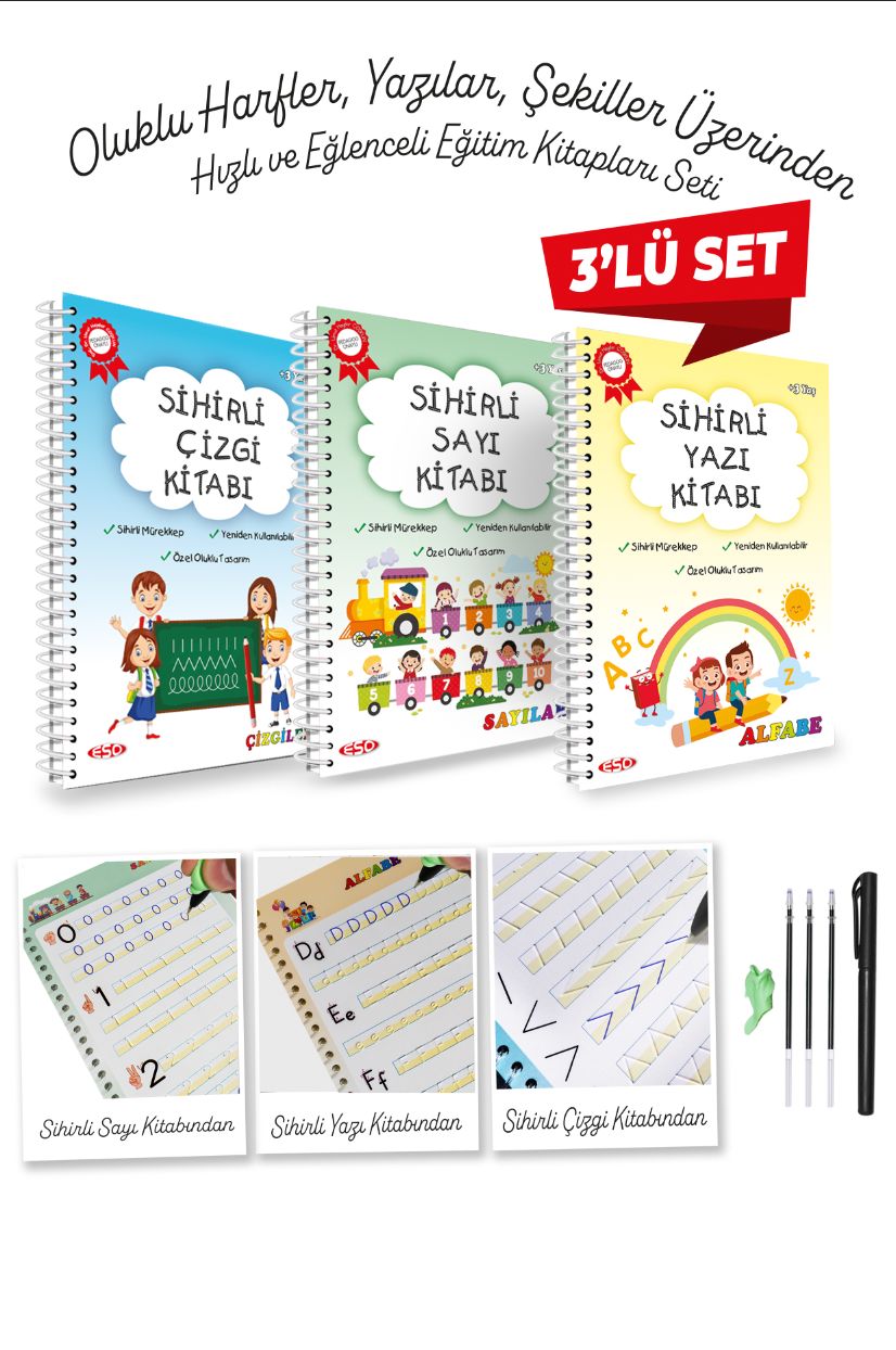 Harfleri | Sayıları ve Çizmeyi Öğreten 3'lü Alıştırma Kitabı - Oluklu(Kabartmalı) Sihirli Uçan Kalemli