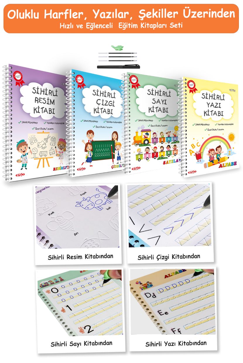 Eso Yazmayı Çizmeyi Sevdiren 4'lü Sihirli Alıştırma Kitabı - Oluklu(kabartmalı) Sihirli Uçan Kalemli