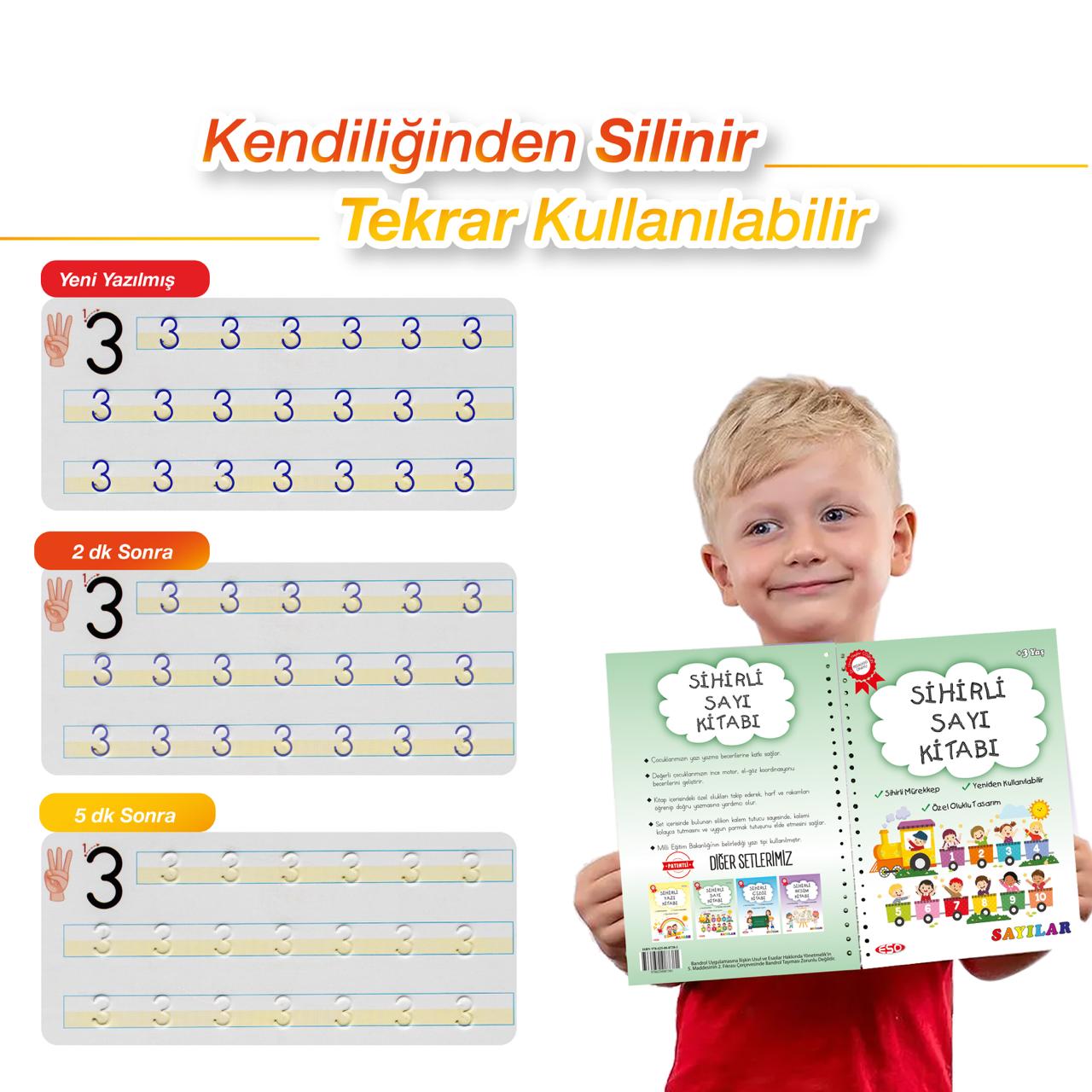 Harfleri | Sayıları ve Çizmeyi Öğreten 3'lü Alıştırma Kitabı - Oluklu(Kabartmalı) Sihirli Uçan Kalemli