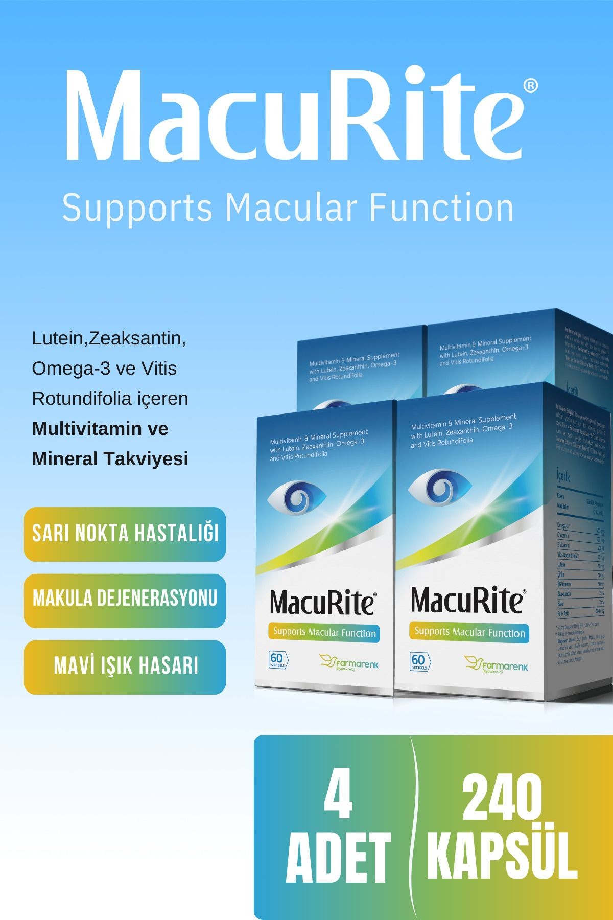 60 Softgel Kapsül- Lutein Zeaksantin Içeren Göz Vitamini X4 Adet