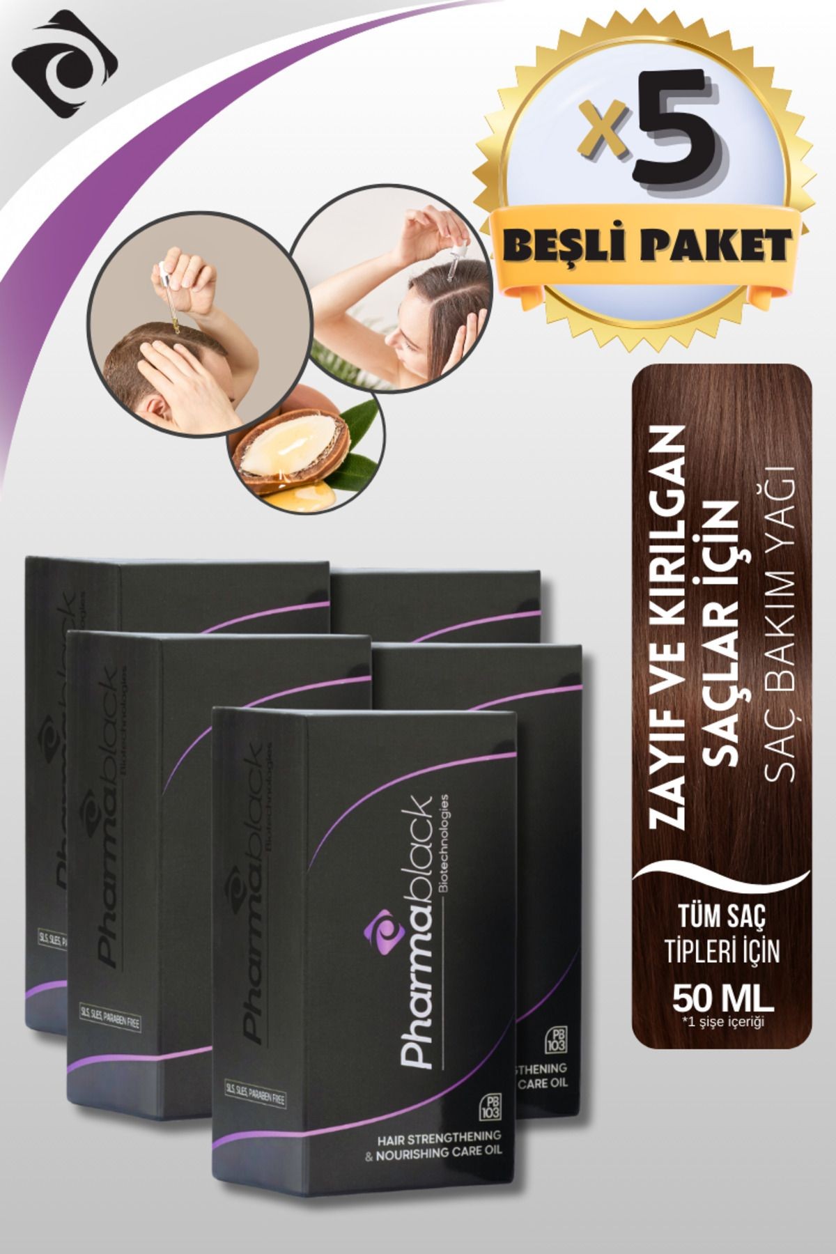 PHARMABLACK - Dökülme Karşıtı, Hızlı Saç Uzatma, Besleyici Ve Onarıcı Saç Bakım Yağı 50 Ml 5 adet