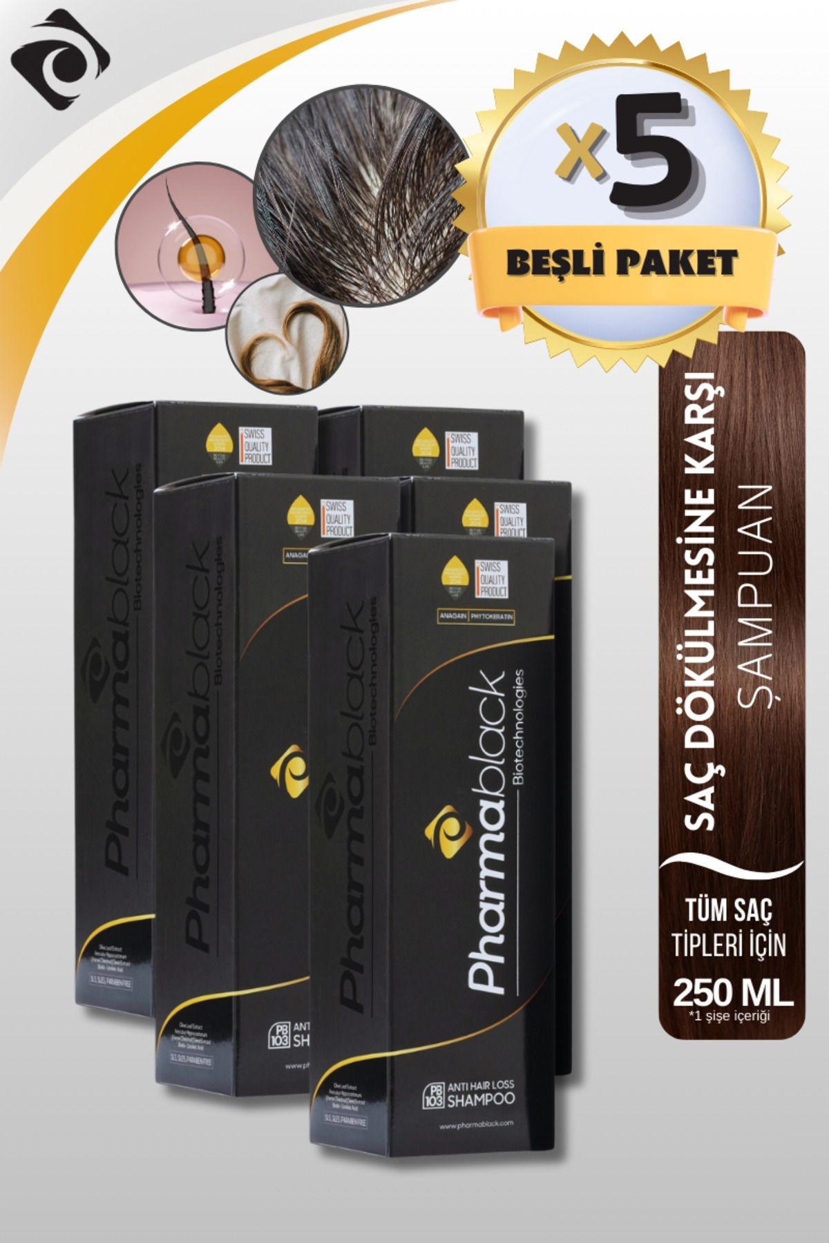PHARMABLACK - Saç Dökülmesine Karşı Şampuan Anagain Phtokertatin Bioitn, Zeytin Yaprağı At Kestanesi 250 ml 5adet