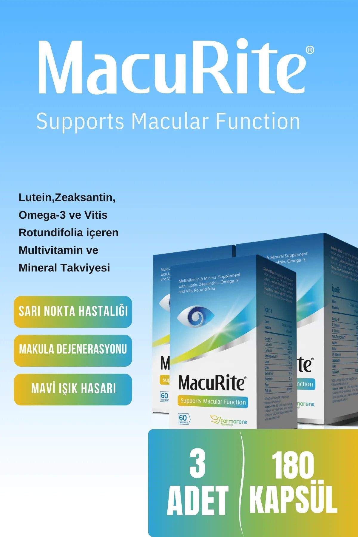 60 Softgel Kapsül- Lutein Zeaksantin Içeren Göz Vitamini 3 Adet