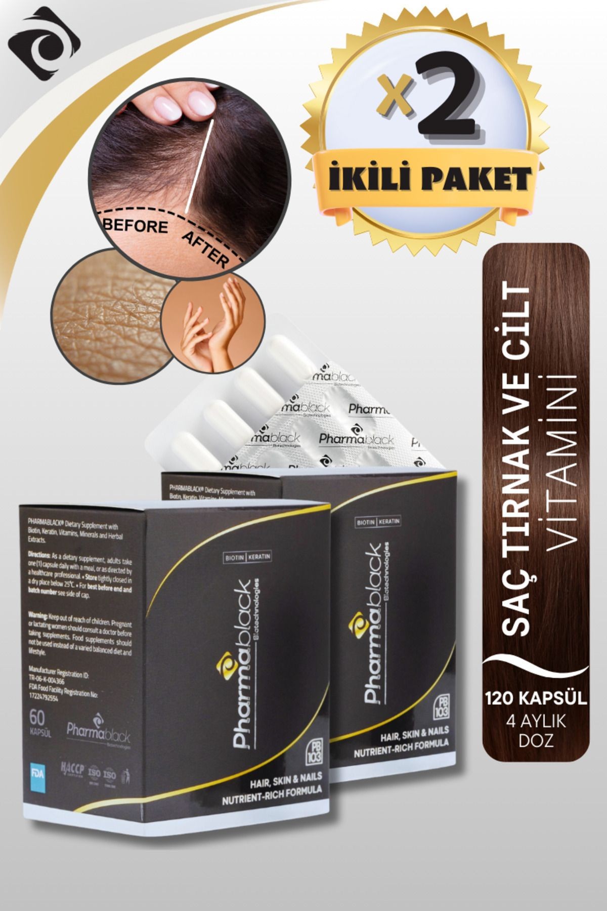 PHARMABLACK -Saç Dökülmelerine Karşı Biotin & Keratin Vitamin Complex 60 Kapsül- 2 KUTU(120KAPSÜL)