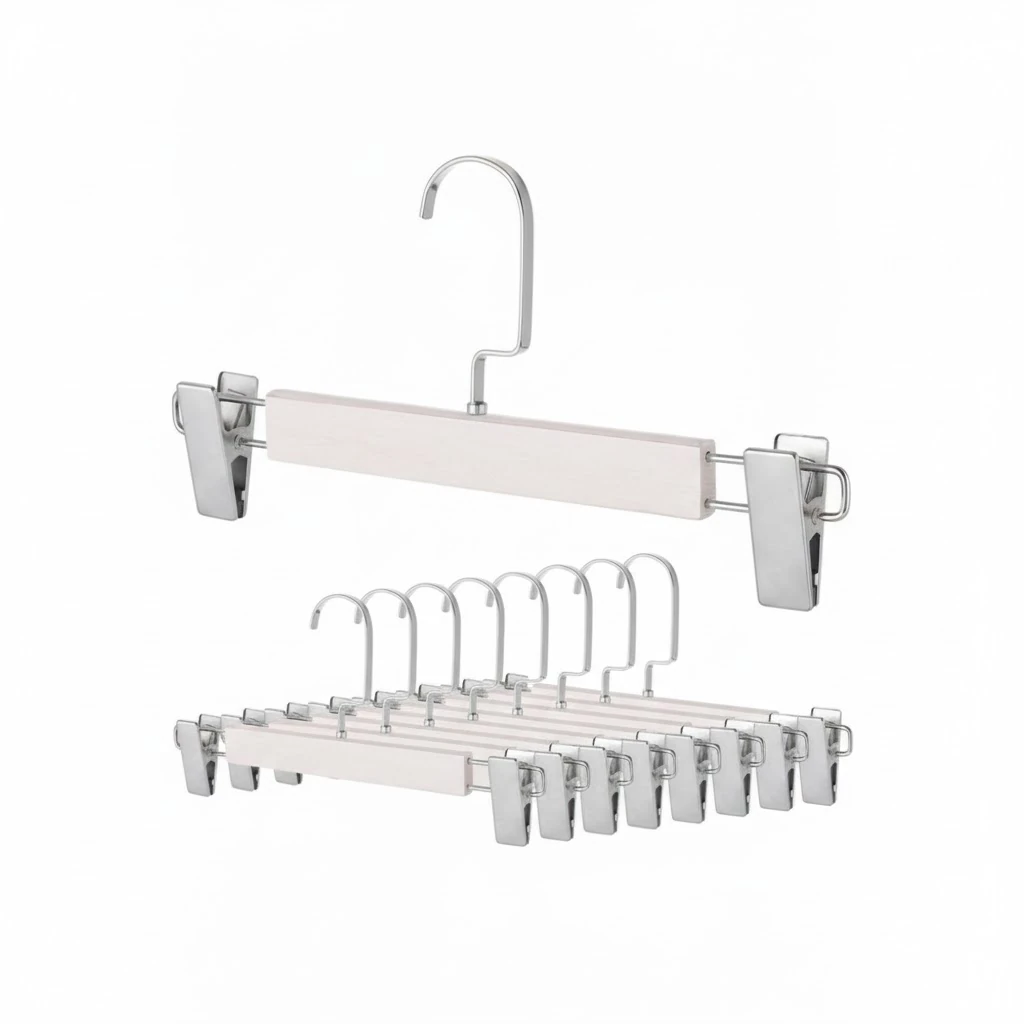 Beyaz Ahşap Mandallı Pantolon Askısı Etek Askısı Özel Seri Gümüş Lama Kancalı