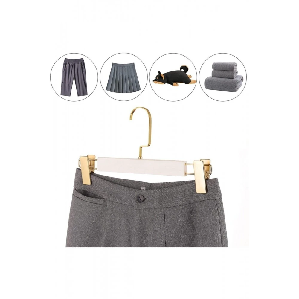 Beyaz Ahşap Mandallı Pantolon Askısı Etek Askısı Özel Seri Gold Lama Kancalı