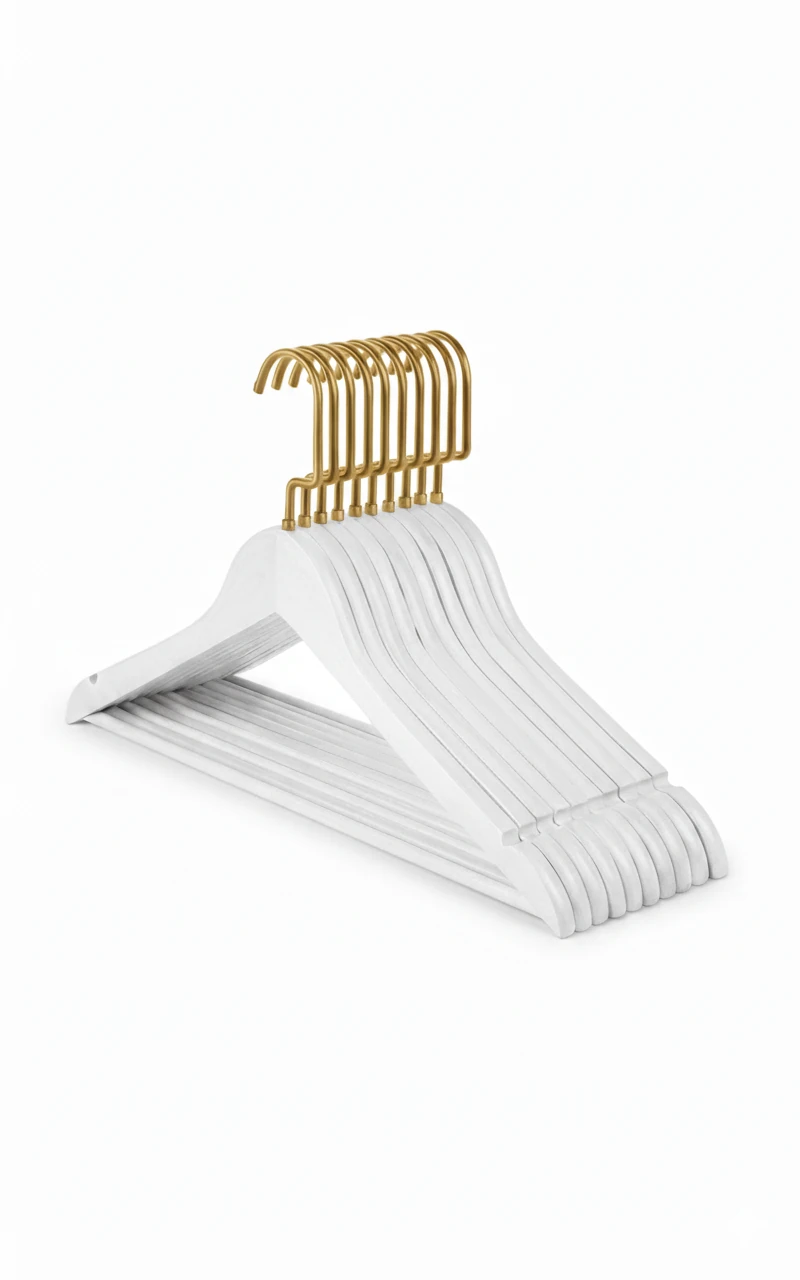 Beyaz Ahşap Gold Lama Kancalı Elbise Pantolon Askısı