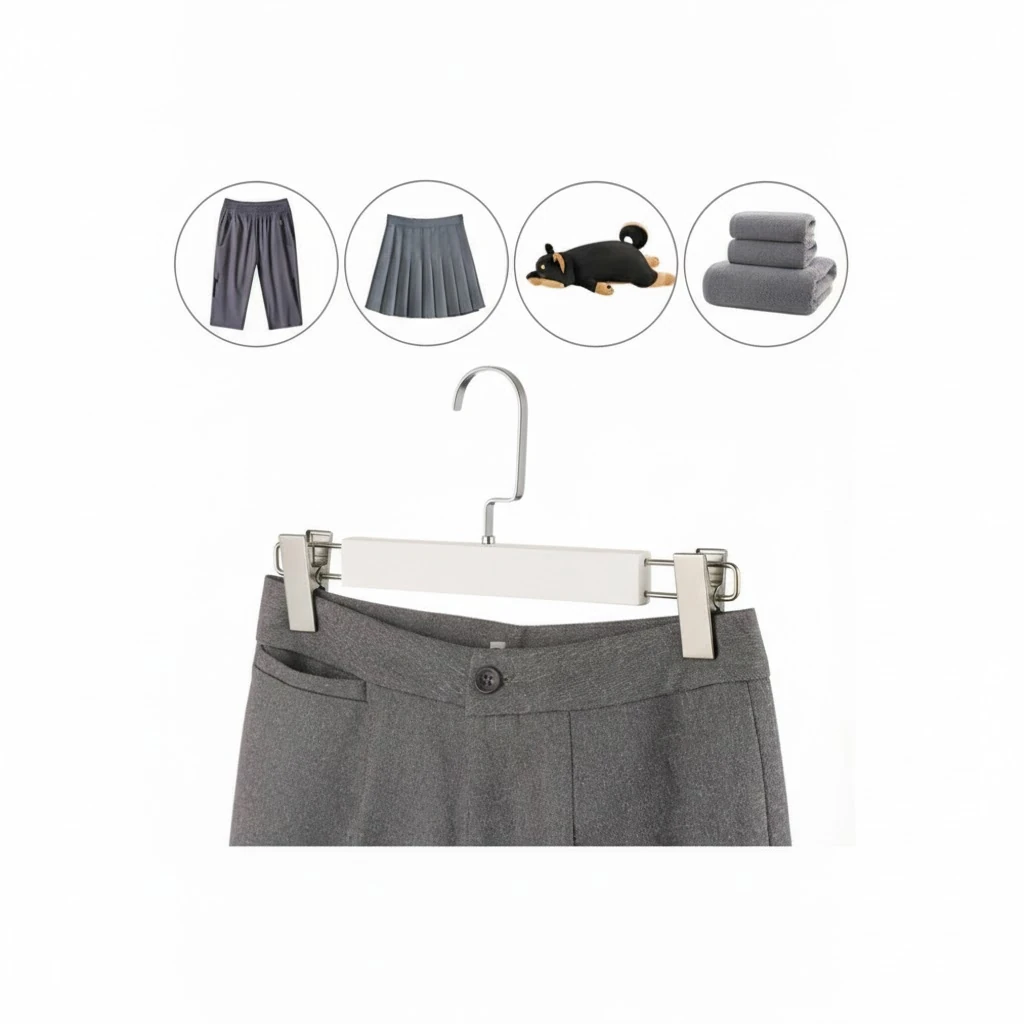 Beyaz Ahşap Mandallı Pantolon Askısı Etek Askısı Özel Seri Gümüş Lama Kancalı