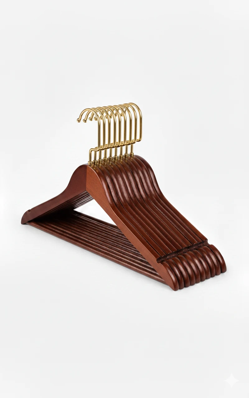 Ceviz Ahşap Gold Lama Kancalı Elbise Pantolon Askısı 10 Adet