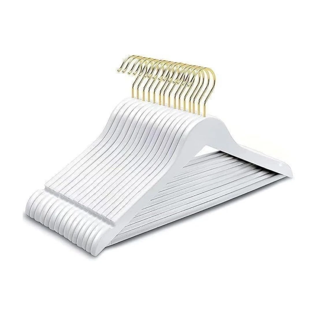 Beyaz Ahşap Elbise Pantolon Askısı Klasik Gold Kanca