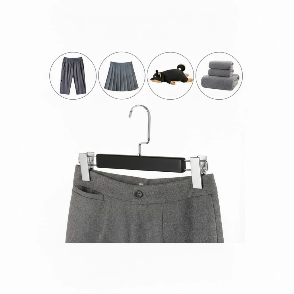 Siyah Ahşap Mandallı Pantolon Askısı Etek Askısı Özel Seri Gümüş Lama Kancalı