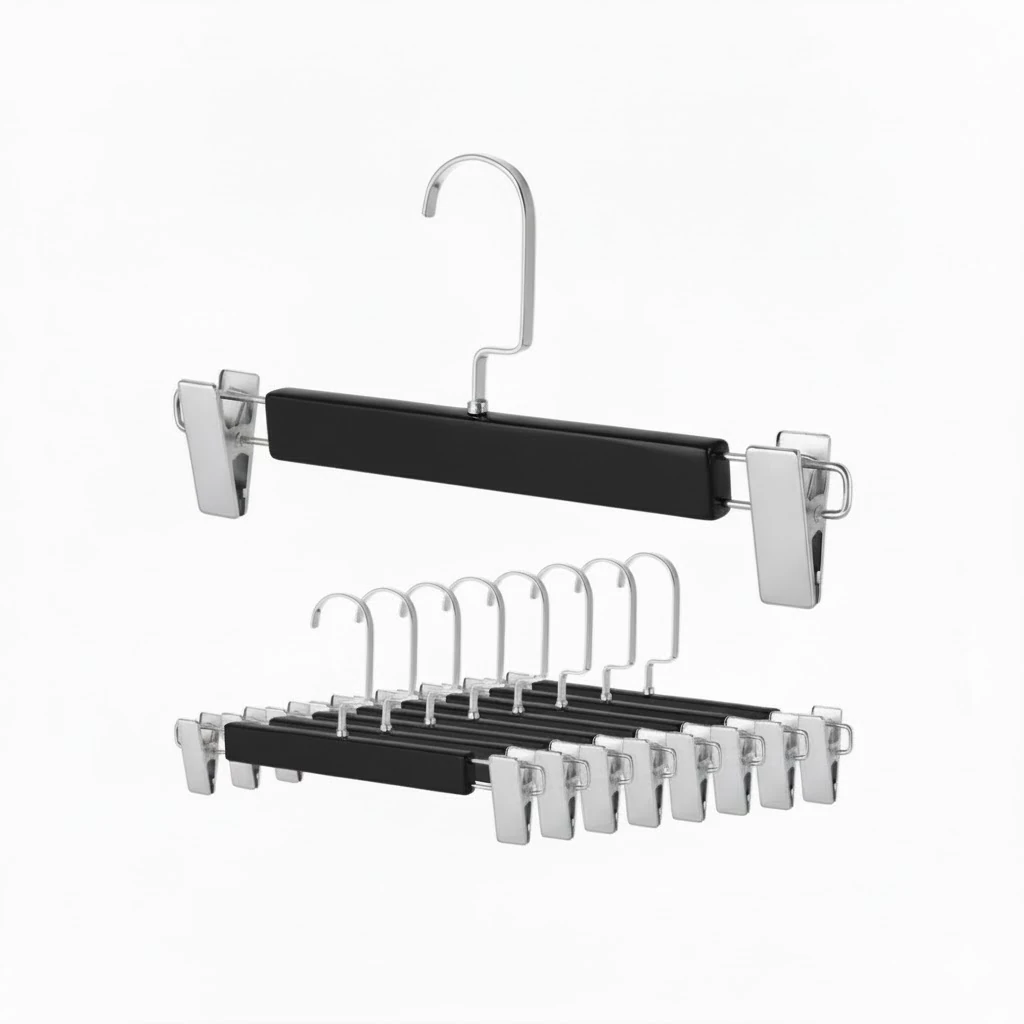 Siyah Ahşap Mandallı Pantolon Askısı Etek Askısı Özel Seri Gümüş Lama Kancalı