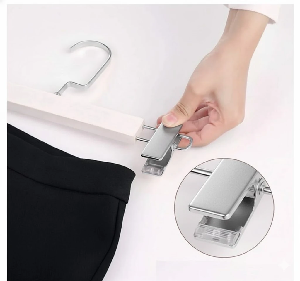 Beyaz Ahşap Mandallı Pantolon Askısı Etek Askısı Özel Seri Gümüş Lama Kancalı