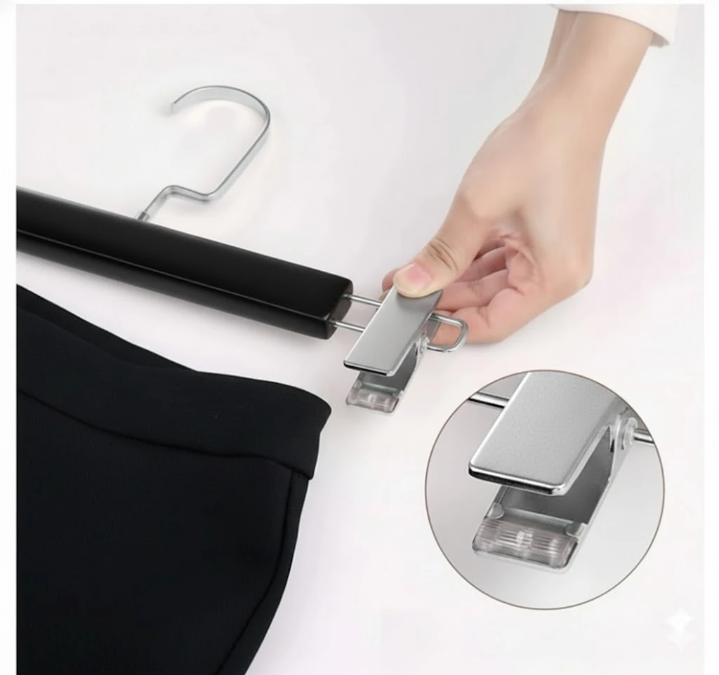 Siyah Ahşap Mandallı Pantolon Askısı Etek Askısı Özel Seri Gümüş Lama Kancalı