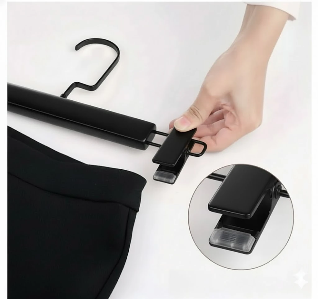 Siyah Ahşap Mandallı Pantolon Askısı Etek Askısı Özel Seri Siyah Lama Kancalı