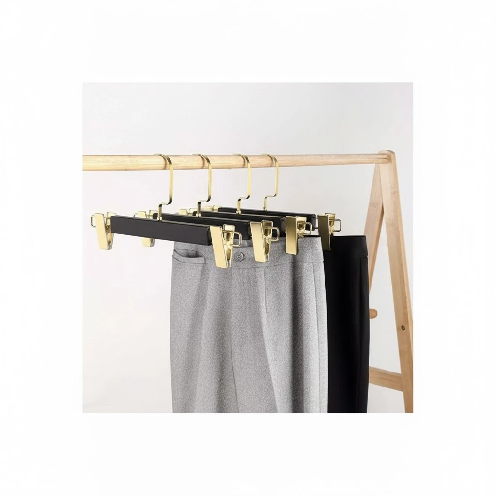 Siyah Ahşap Mandallı Pantolon Askısı Etek Askısı Özel Seri Gold Lama Kancalı